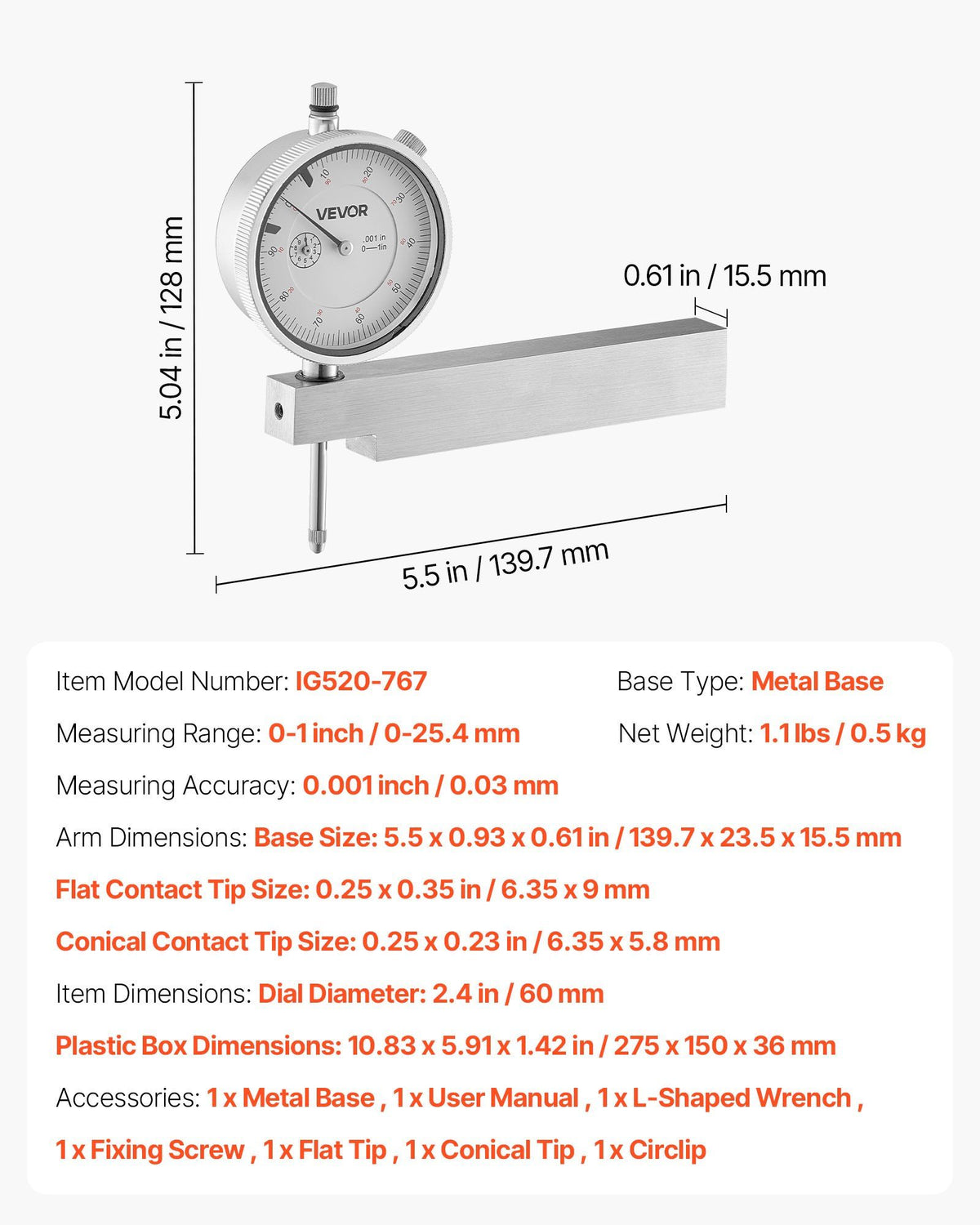 Dial Test Indicator with Metal Base, 0.03 mm Accuracy, 0-25.4mm Range, Easy to Read Large Dial, Professional for Narrow Area Measurement, Industrial Machining & Inspection, Precision Testing