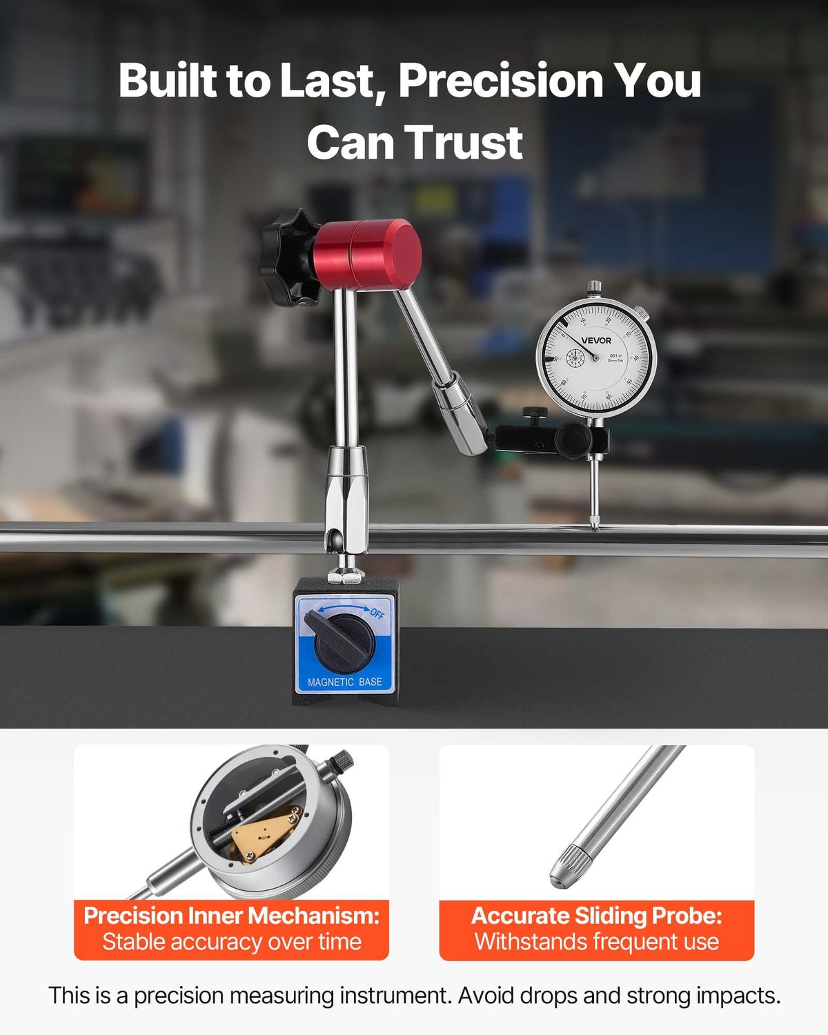 Dial Test Indicator with Magnetic Flexible Base Stand, 0.03 mm Accuracy, 0-25.4mm Range, Fine Adjustable Long Arm, Professional for Machine Set-Up, Narrow Area Measurement, Easy to Read