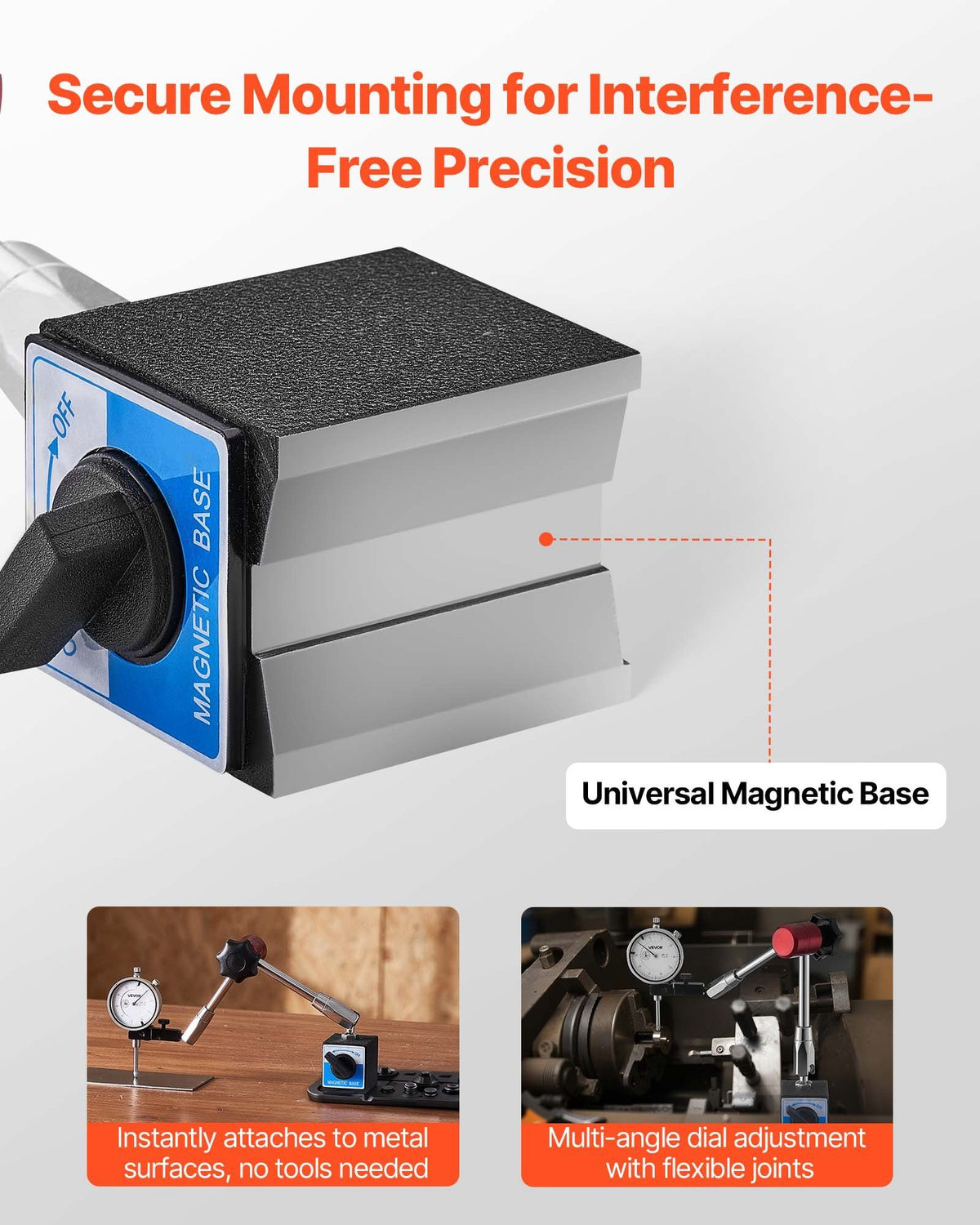 Dial Test Indicator with Magnetic Flexible Base Stand, 0.03 mm Accuracy, 0-25.4mm Range, Fine Adjustable Long Arm, Professional for Machine Set-Up, Narrow Area Measurement, Easy to Read