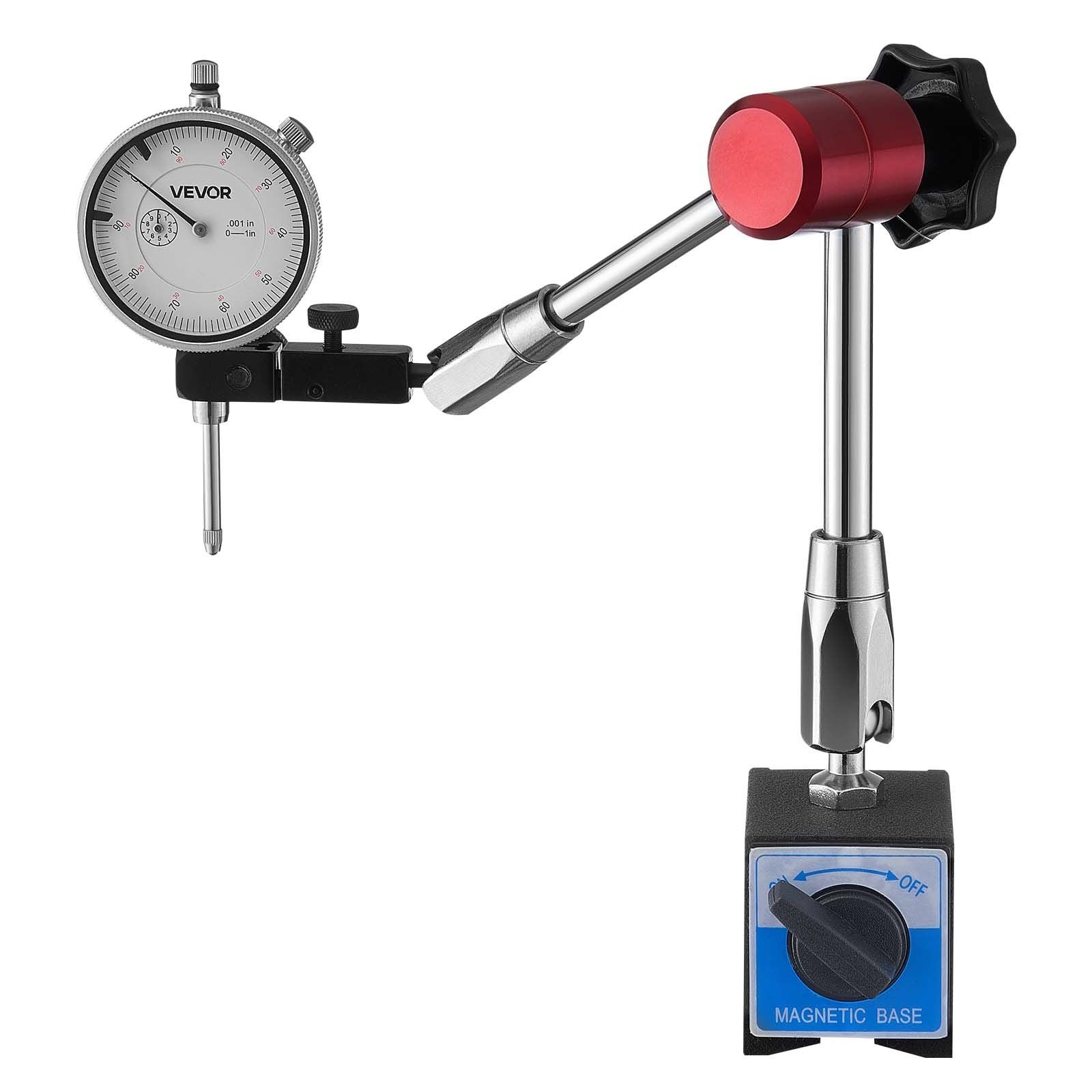 Dial Test Indicator with Magnetic Flexible Base Stand, 0.03 mm Accuracy, 0-25.4mm Range, Fine Adjustable Long Arm, Professional for Machine Set-Up, Narrow Area Measurement, Easy to Read