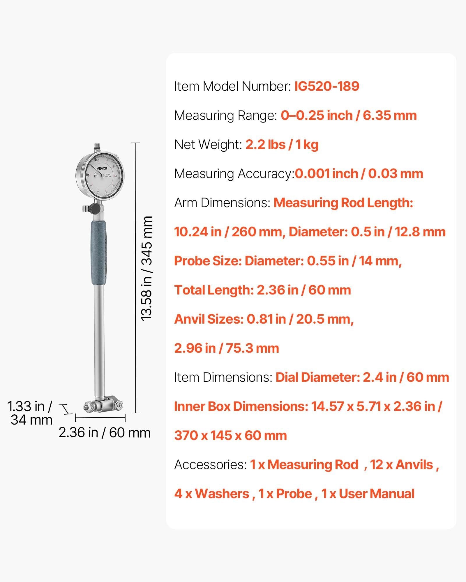 Dial Test Indicator and Bore Gauge Measuring Tool Set, Dial Indicator 0.03 mm Accuracy, 50.8-152.4 mm Bore Range with Rod, Storage Case, Anvils for Industrial Machining Measurements