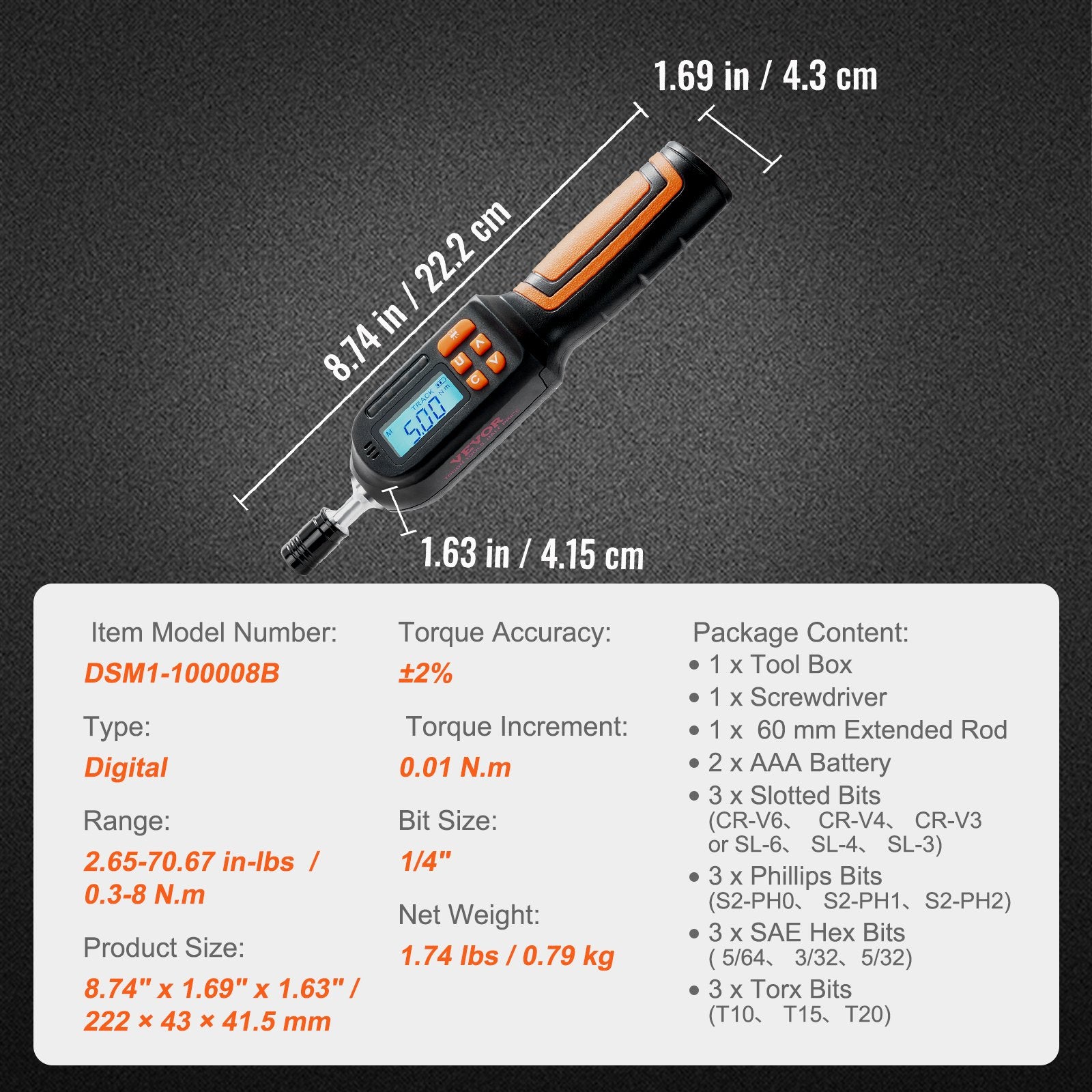 VEVOR Digital Torque Screwdriver 1/4" Range 2.65-70.67in/lb w/ 0.01N.m Increment