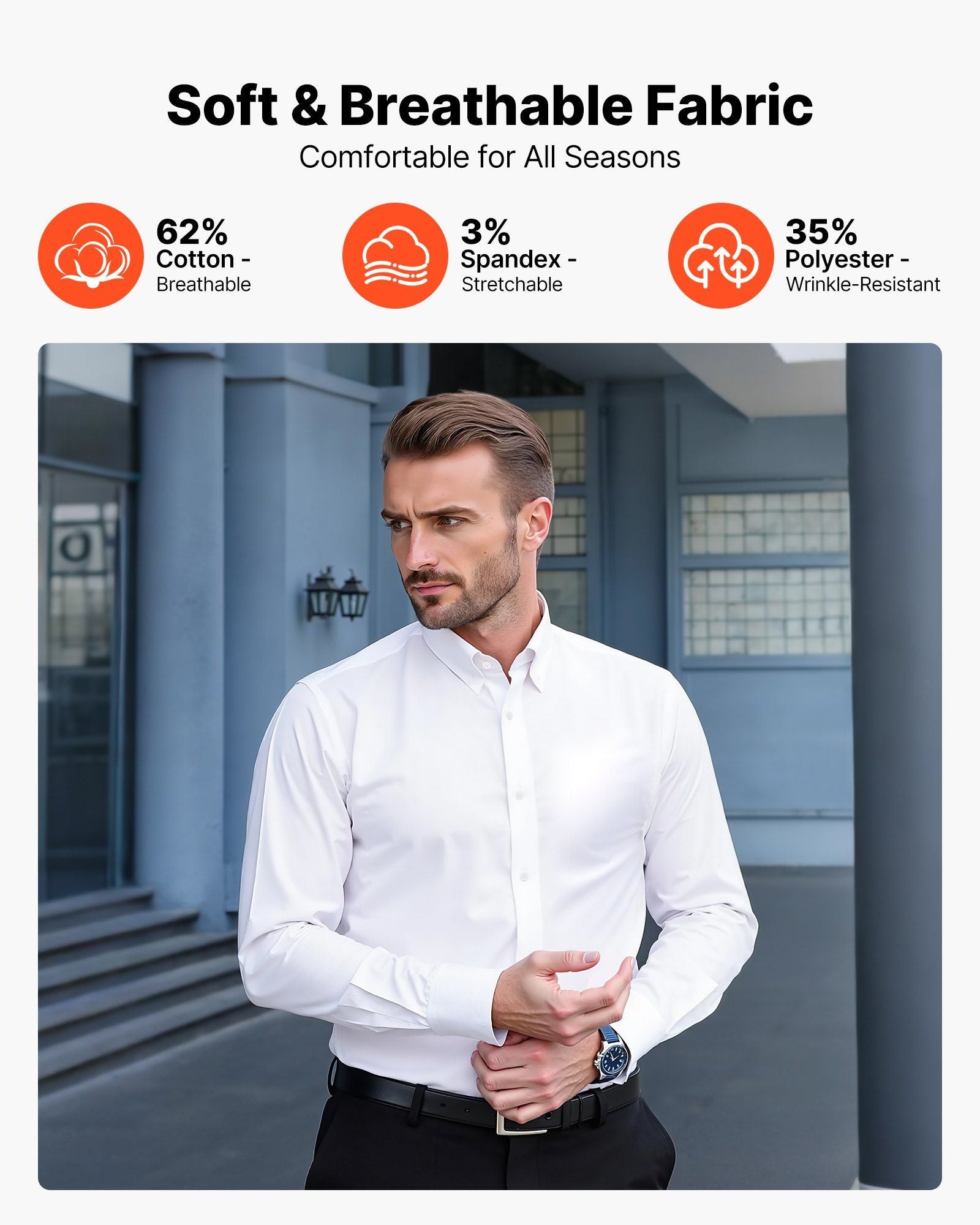Men's Button Up Shirt, Mens Long Sleeve Wrinkle-free Button Down Dress Shirts, Slim Fit Soft Stretch Fabric for Business Casual or Formal, Work, Wedding, Dinner, White