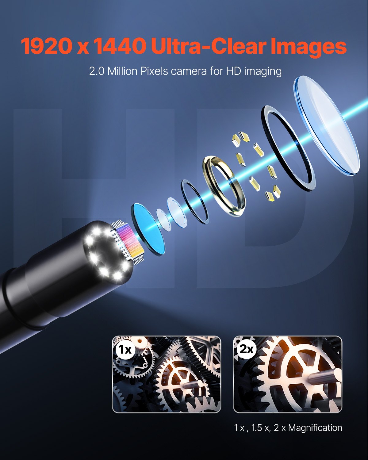 VEVOR Endoscope Camera with Light, 1920P HD Borescope for Android & IOS, 8 LED Lights Inspection Camera with 3m Semi-Rigid Cable, 2X Zoom, IP67 Waterproof Snake Scope Cameras for Auto, Plumbing