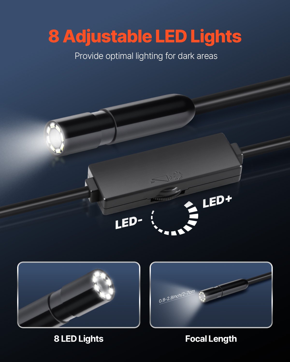 VEVOR Endoscope Camera with Light, 1920P HD Borescope for Android & IOS, 8 LED Lights Inspection Camera with 3m Semi-Rigid Cable, 2X Zoom, IP67 Waterproof Snake Scope Cameras for Auto, Plumbing