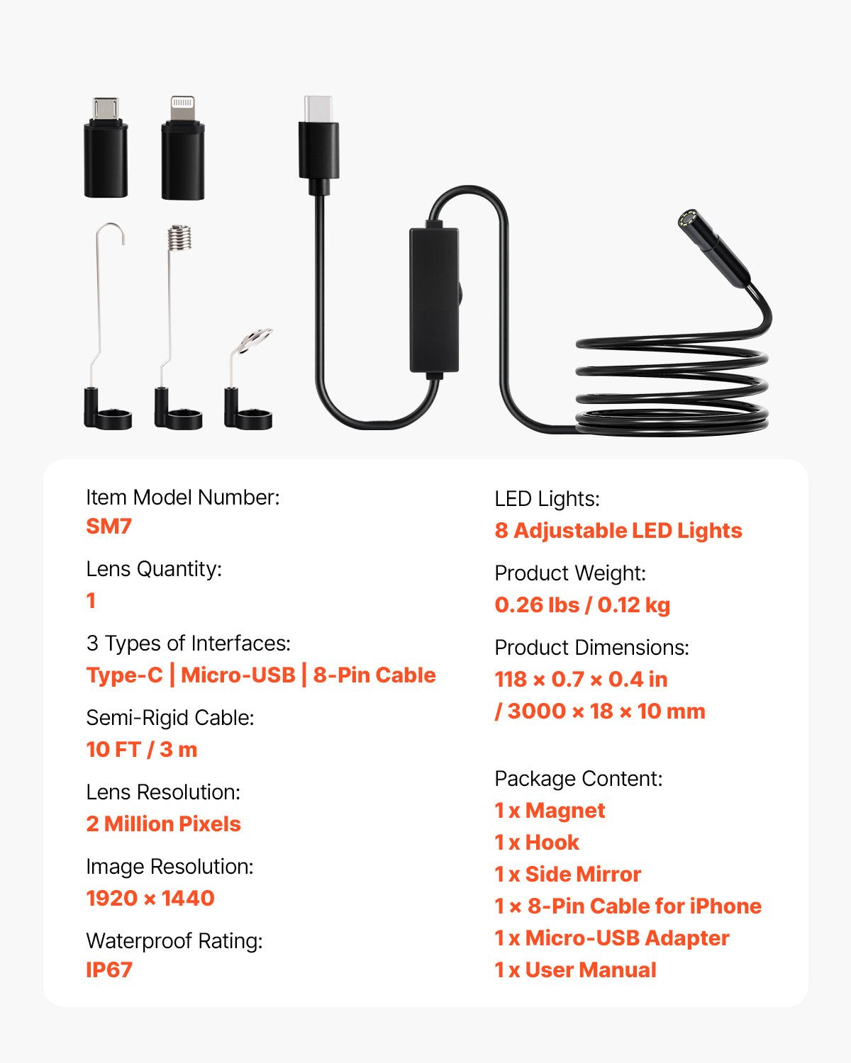 VEVOR Endoscope Camera with Light, 1920P HD Borescope for Android & IOS, 8 LED Lights Inspection Camera with 3m Semi-Rigid Cable, 2X Zoom, IP67 Waterproof Snake Scope Cameras for Auto, Plumbing