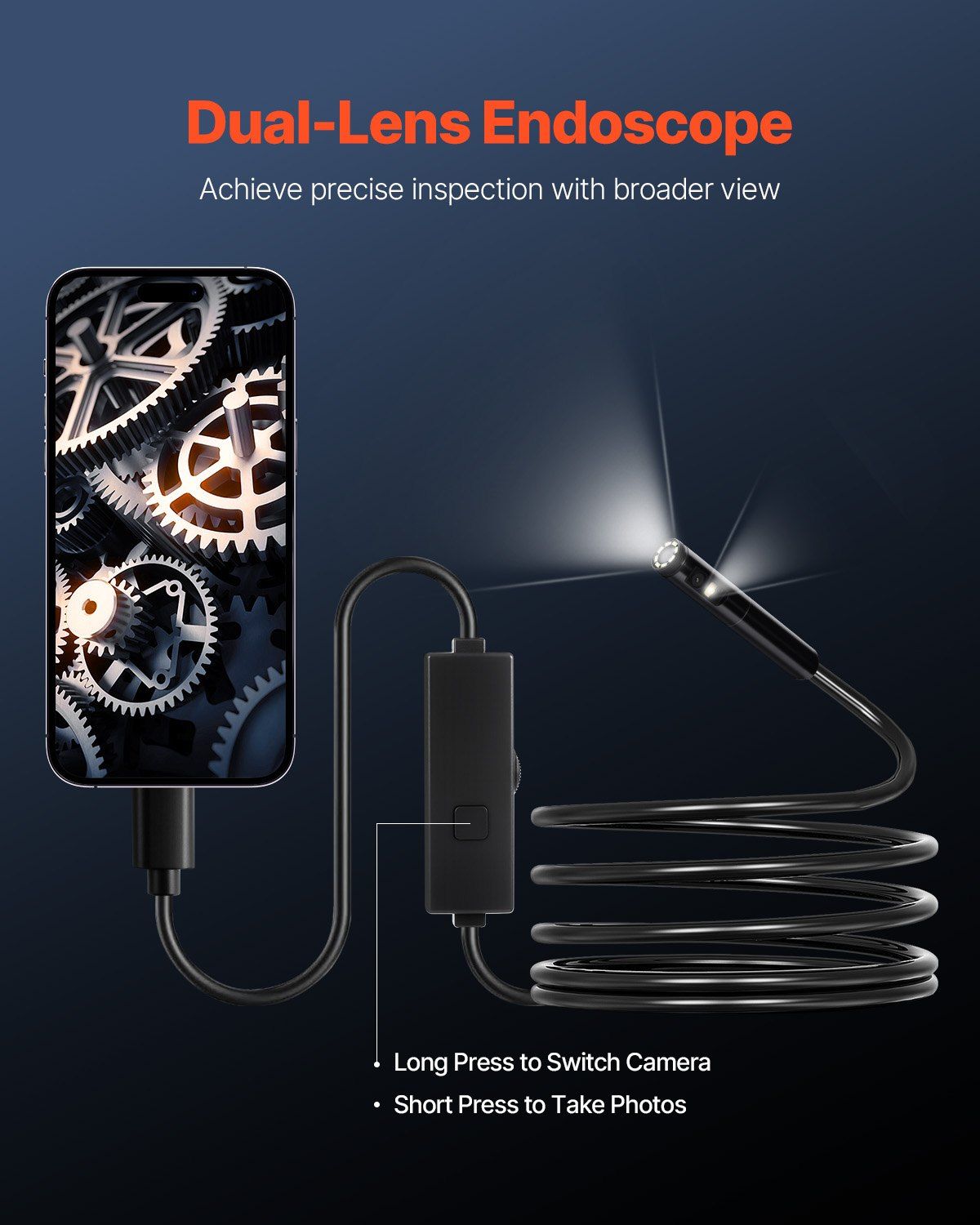 Endoscope Camera with Light, Dual Lens Borescope for Android & IOS, 1920P HD Inspection Camera with 8 + 1 LED Lights, 2X Zoom, 3m Snake Cable, IP67 Waterproof Snake Camera for Auto, Plumbing