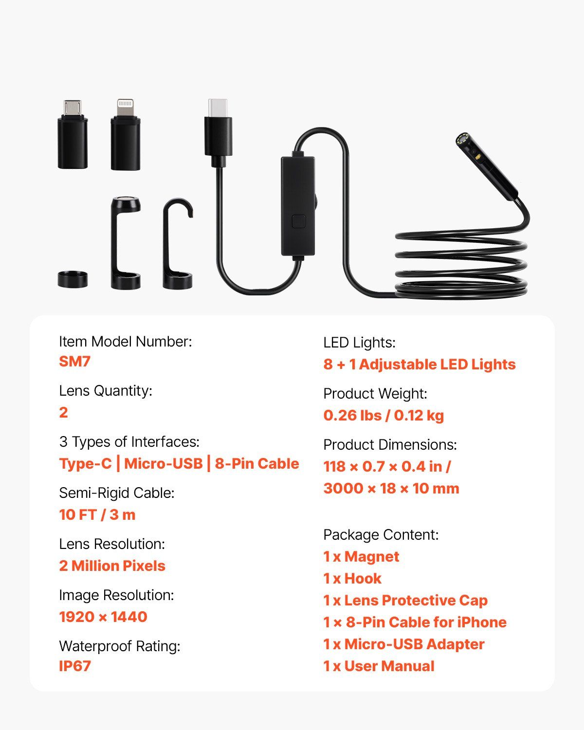Endoscope Camera with Light, Dual Lens Borescope for Android & IOS, 1920P HD Inspection Camera with 8 + 1 LED Lights, 2X Zoom, 3m Snake Cable, IP67 Waterproof Snake Camera for Auto, Plumbing