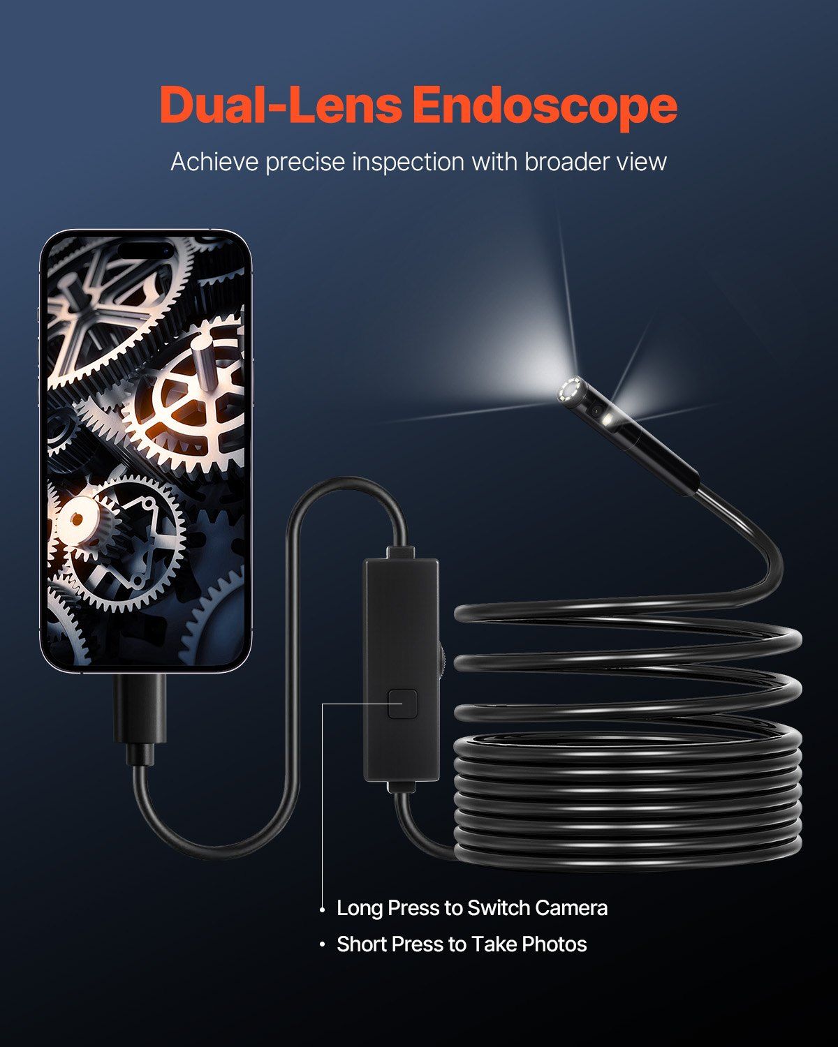 Endoscope Camera with Light, Dual Lens Borescope for Android & IOS, 1920P HD Inspection Camera with 8 + 1 LED Light, 2X Zoom, 5m Snake Cable, IP67 Waterproof Snake Camera for Auto, Plumbing