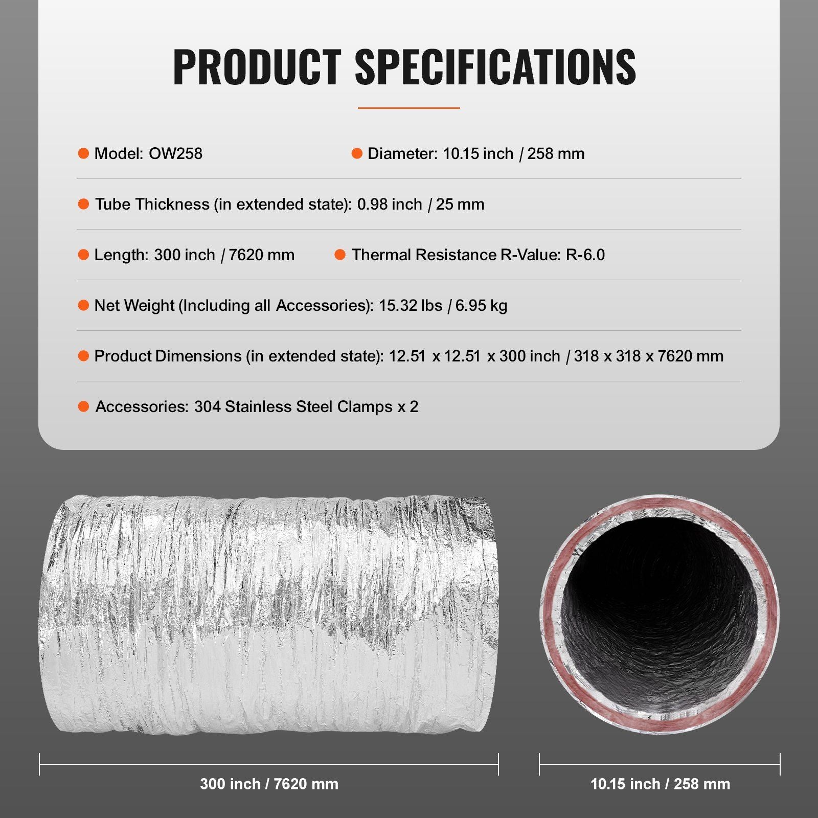 Dryer Vent Hose, 254MM Insulated Flexible Duct 7.62M Long with 2 Duct Clamps, Heavy-Duty Three Layer Protection for HVAC Heating Cooling Ventilation and Exhaust, R-6.0 Flame Resistance Value