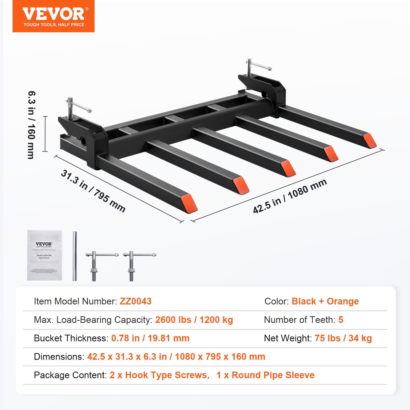 VEVOR Clamp on Debris Forks to 1200 mm Bucket, 1200 kg Capacity Heavy Duty Clamp on Pallet Forks Attachments, Fit for Loader Bucket Skidsteer Tractor to Clean up Fallen Limbs Debris or Yard Wwaste