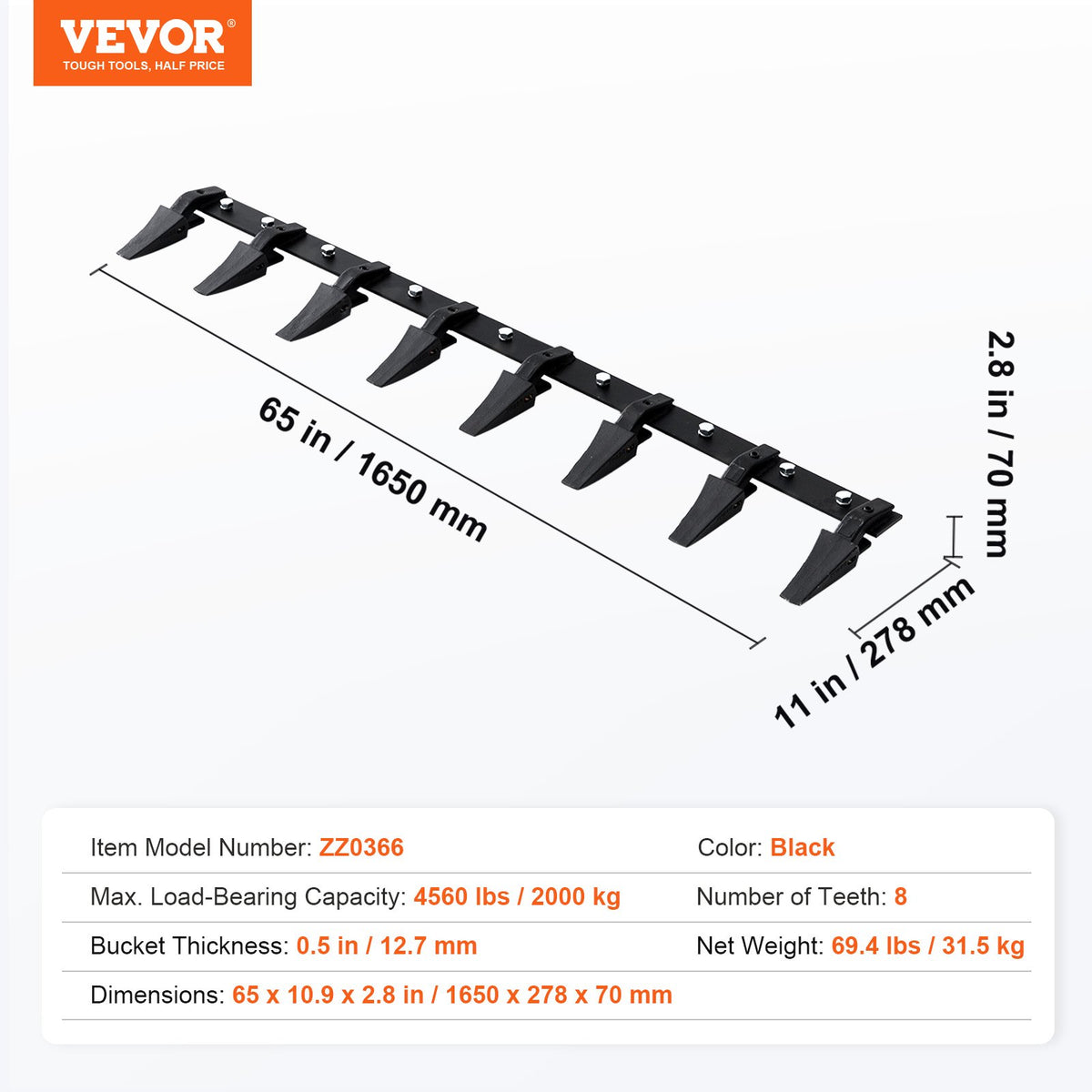 VEVOR Bucket Tooth Bar, 1650mm, Heavy Duty Tractor Bucket 8 Teeth Bar for Loader Tractor Skidsteer, 2000 kg Load-Bearing Capacity Bolt On Design, for Efficient Soil Excavation and Bucket Protection