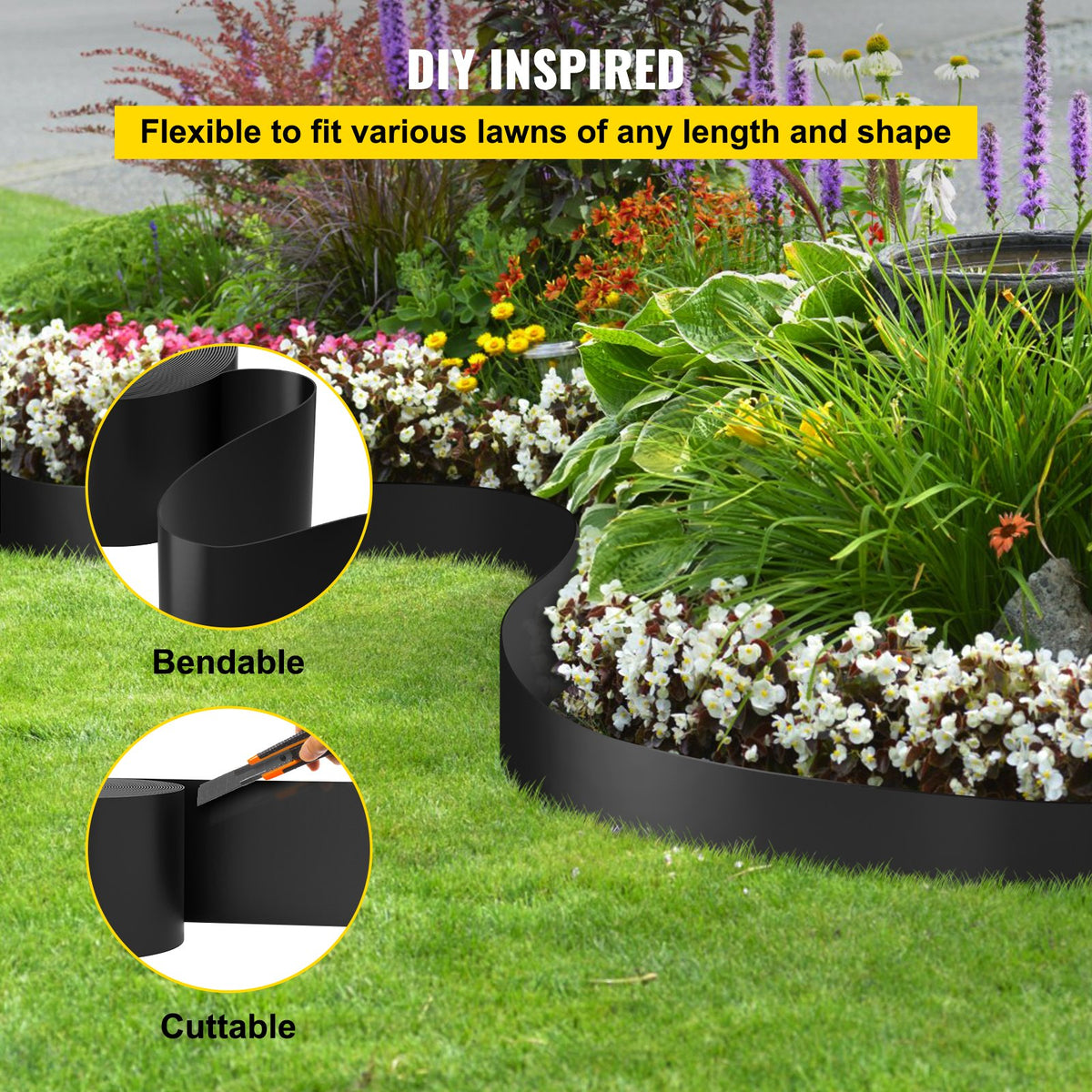 VEVOR Landscape Edging, 25.4cm Depth 91.44m Total Length, Recycled HDPE Coiled Terrace Board, Flexible Bender Border for Landscaping, Lawn, Garden, Yard, Against Invading Weeds, Black