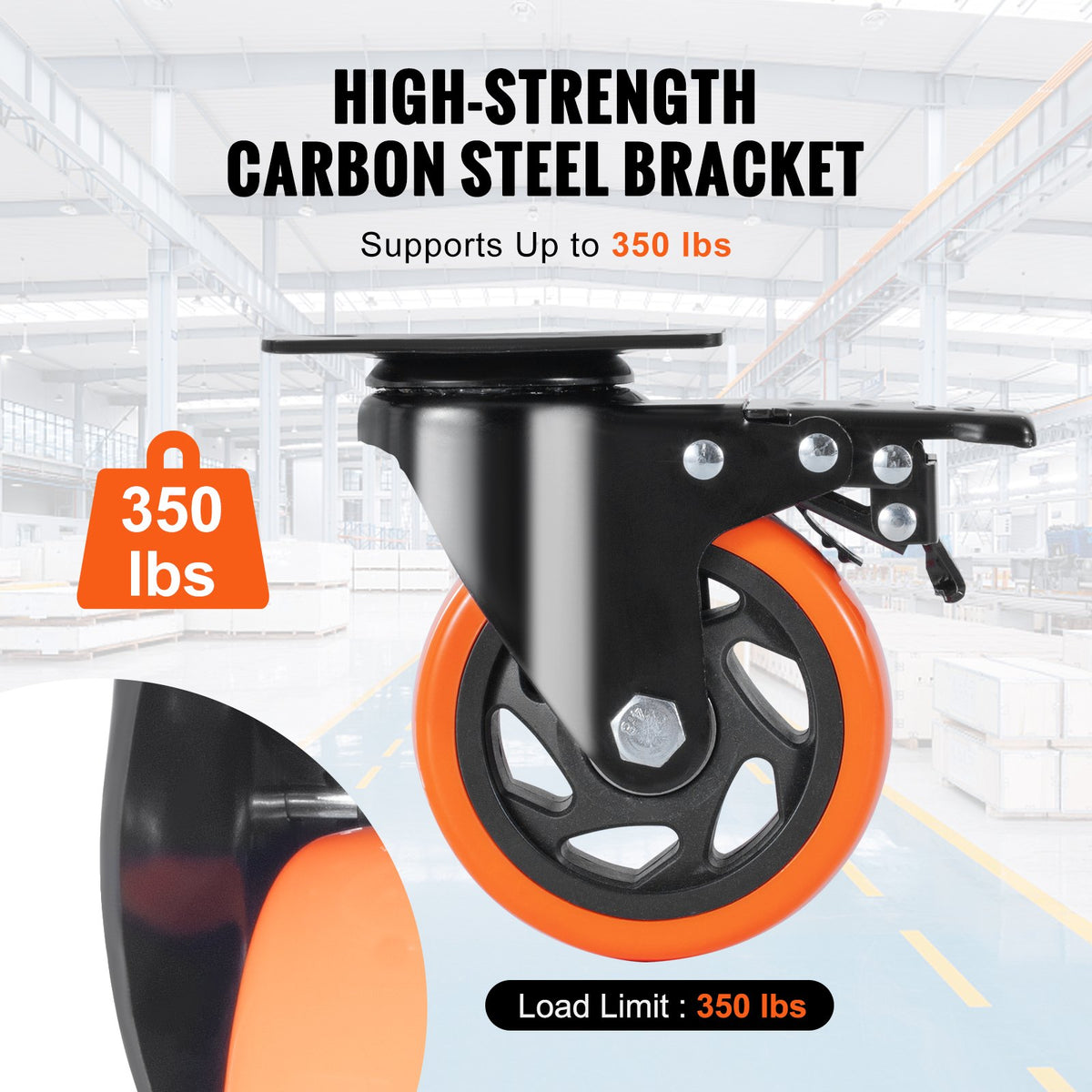 VEVOR Caster Wheels, 101.6 mm Swivel Plate Casters, Set of 4, with Security A/B Locking No Noise PVC Wheels, Heavy Duty 159 kg Load Capacity Per Caster, Non-Marking Wheels for Cart Furniture Workbench