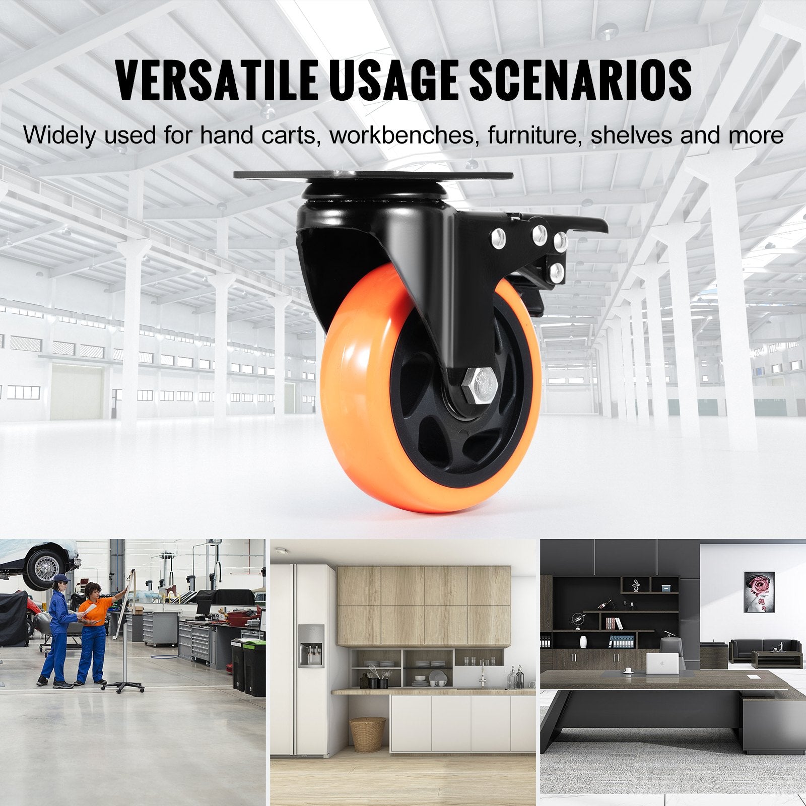 VEVOR Caster Wheels, 101.6 mm Swivel Plate Casters, Set of 4, with Security A/B Locking No Noise PVC Wheels, Heavy Duty 159 kg Load Capacity Per Caster, Non-Marking Wheels for Cart Furniture Workbench