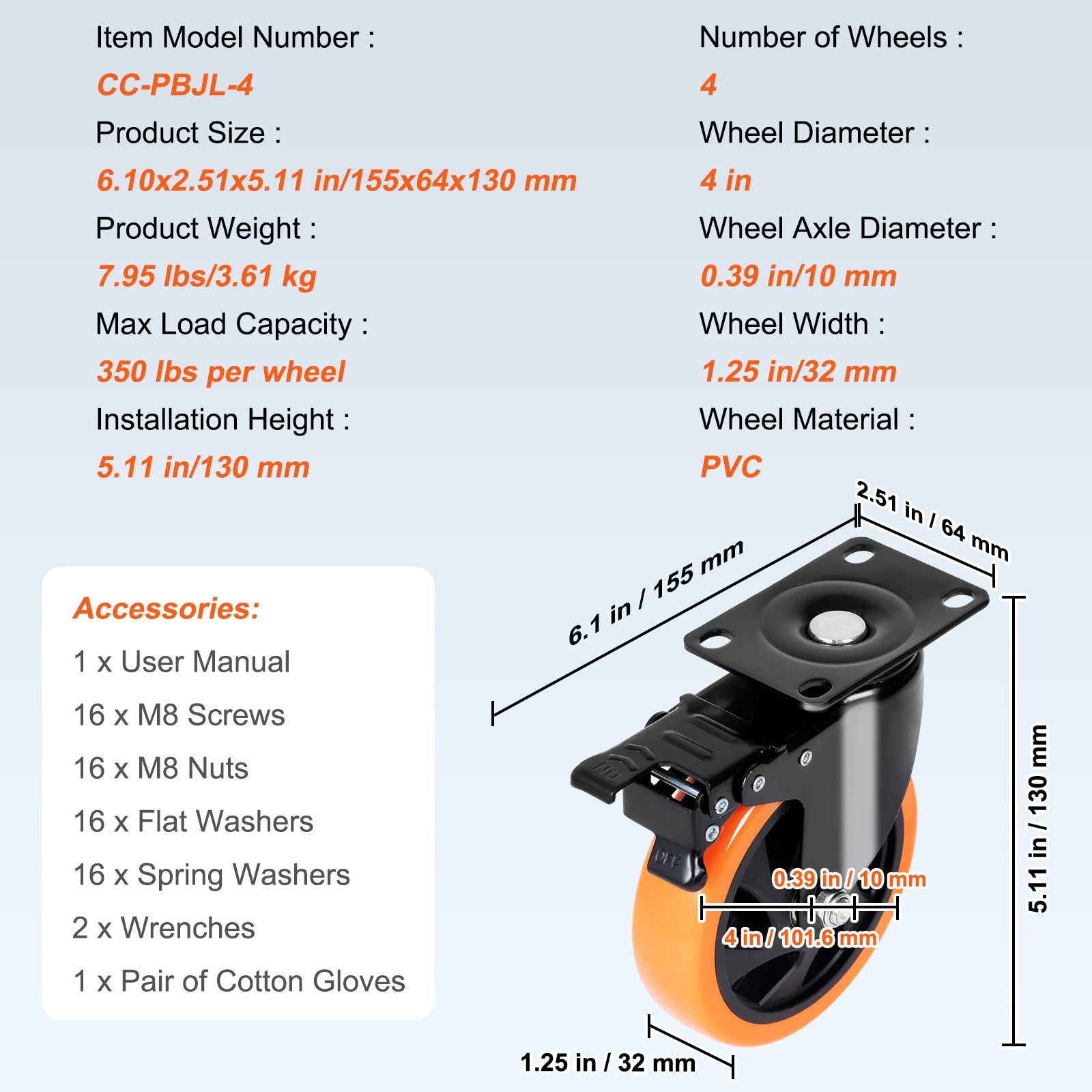 VEVOR Caster Wheels, 101.6 mm Swivel Plate Casters, Set of 4, with Security A/B Locking No Noise PVC Wheels, Heavy Duty 159 kg Load Capacity Per Caster, Non-Marking Wheels for Cart Furniture Workbench