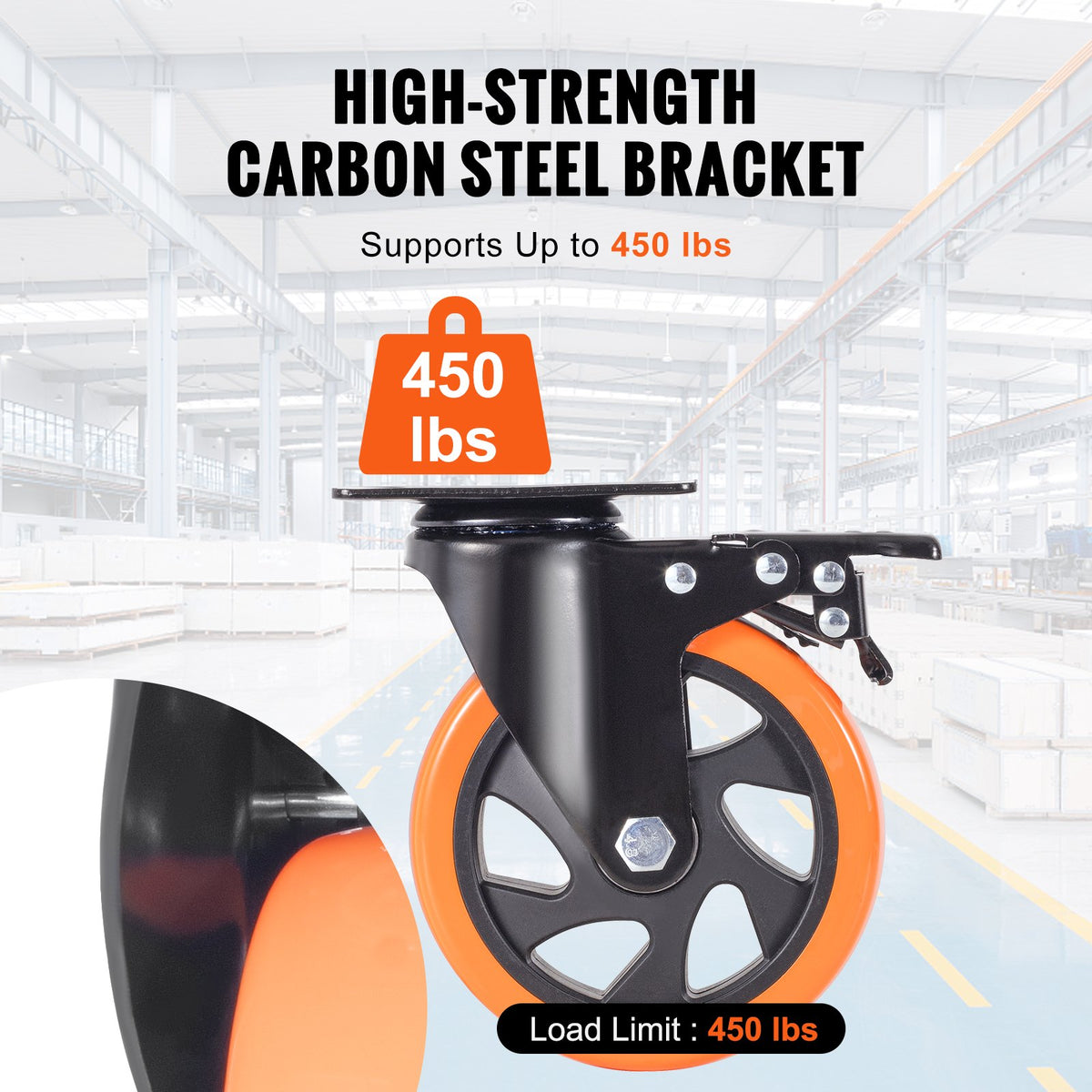 VEVOR Caster Wheels, 127 mm Swivel Plate Casters, Set of 4, with Security A/B Locking No Noise PVC Wheels, Heavy Duty 204 kg Load Capacity Per Caster, Non-Marking Wheels for Cart Furniture Workbench