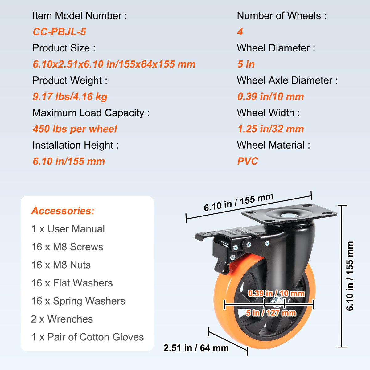 VEVOR Caster Wheels, 127 mm Swivel Plate Casters, Set of 4, with Security A/B Locking No Noise PVC Wheels, Heavy Duty 204 kg Load Capacity Per Caster, Non-Marking Wheels for Cart Furniture Workbench