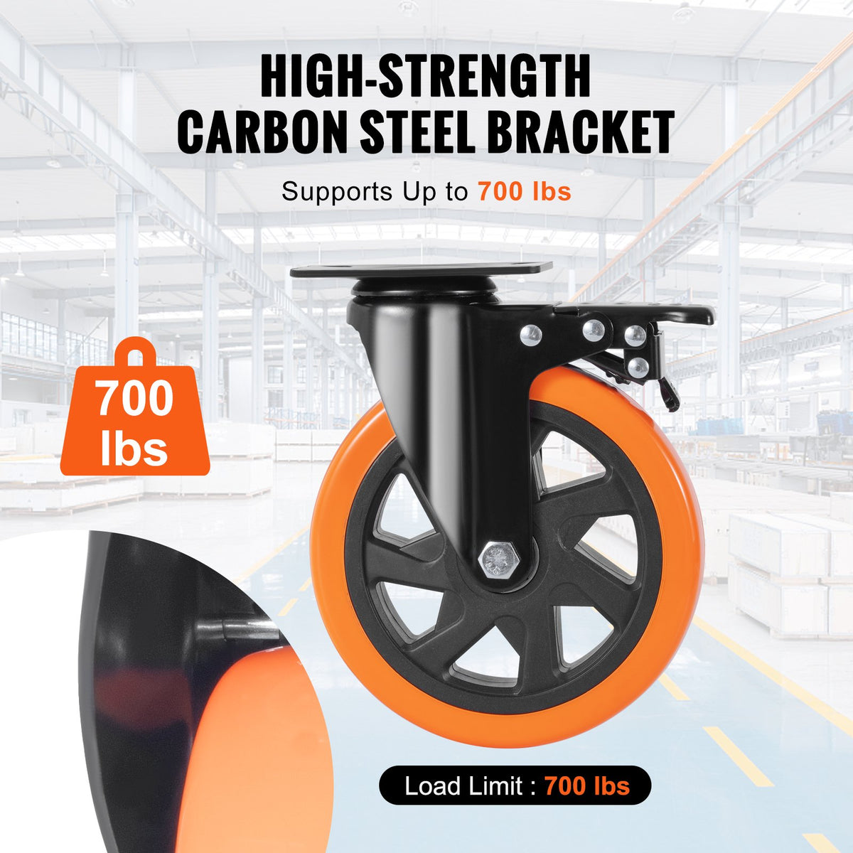 VEVOR Caster Wheels, 152.4 mm Swivel Plate Casters, Set of 4, with Security A/B Locking No Noise PVC Wheels, Heavy Duty 318 kg Load Capacity Per Caster, Non-Marking Wheels for Cart Furniture Workbench