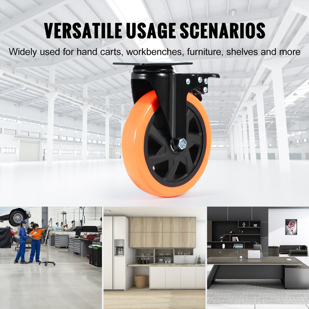 VEVOR Caster Wheels, 152.4 mm Swivel Plate Casters, Set of 4, with Security A/B Locking No Noise PVC Wheels, Heavy Duty 318 kg Load Capacity Per Caster, Non-Marking Wheels for Cart Furniture Workbench