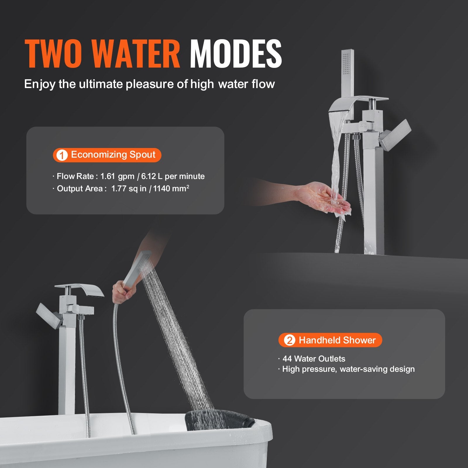 VEVOR Freestanding Bathtub Faucet, Floor Mount, Freestanding Tub Filler, Shower Mixer Taps, Two Water Modes, Swivel Spout, for Bathing & Showering Pet Bathing Cleaning Drains Toilet Flushing