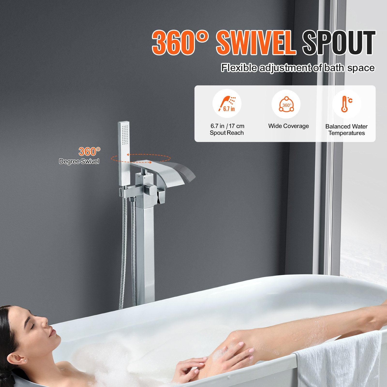 VEVOR Freestanding Bathtub Faucet, Floor Mount, Freestanding Tub Filler, Shower Mixer Taps, Two Water Modes, Swivel Spout, for Bathing & Showering Pet Bathing Cleaning Drains Toilet Flushing