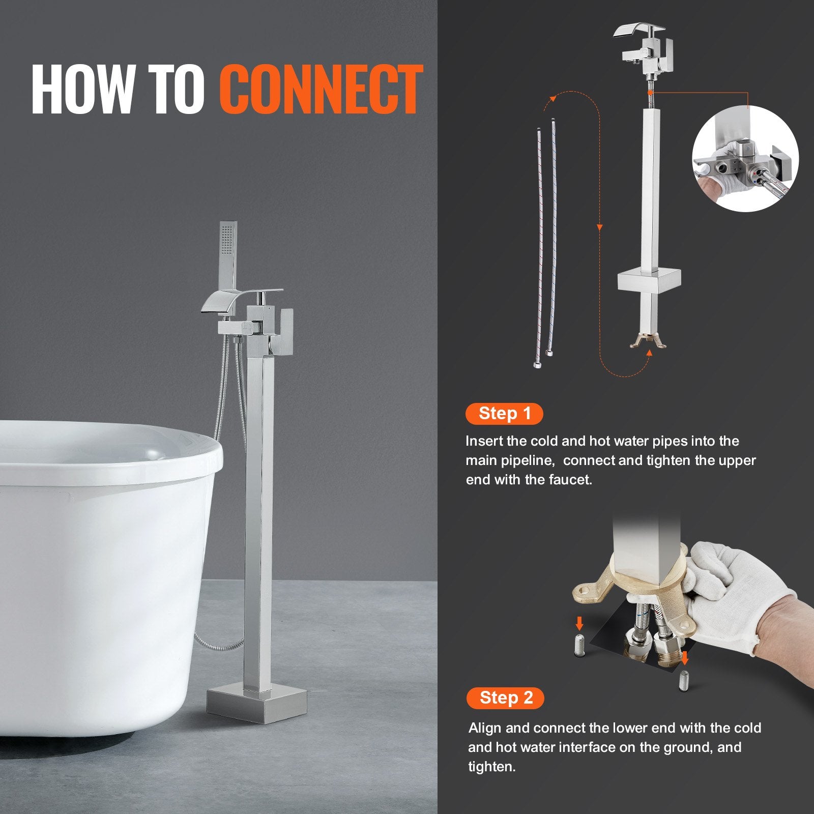 VEVOR Freestanding Bathtub Faucet, Floor Mount, Freestanding Tub Filler, Shower Mixer Taps, Two Water Modes, Swivel Spout, for Bathing & Showering Pet Bathing Cleaning Drains Toilet Flushing
