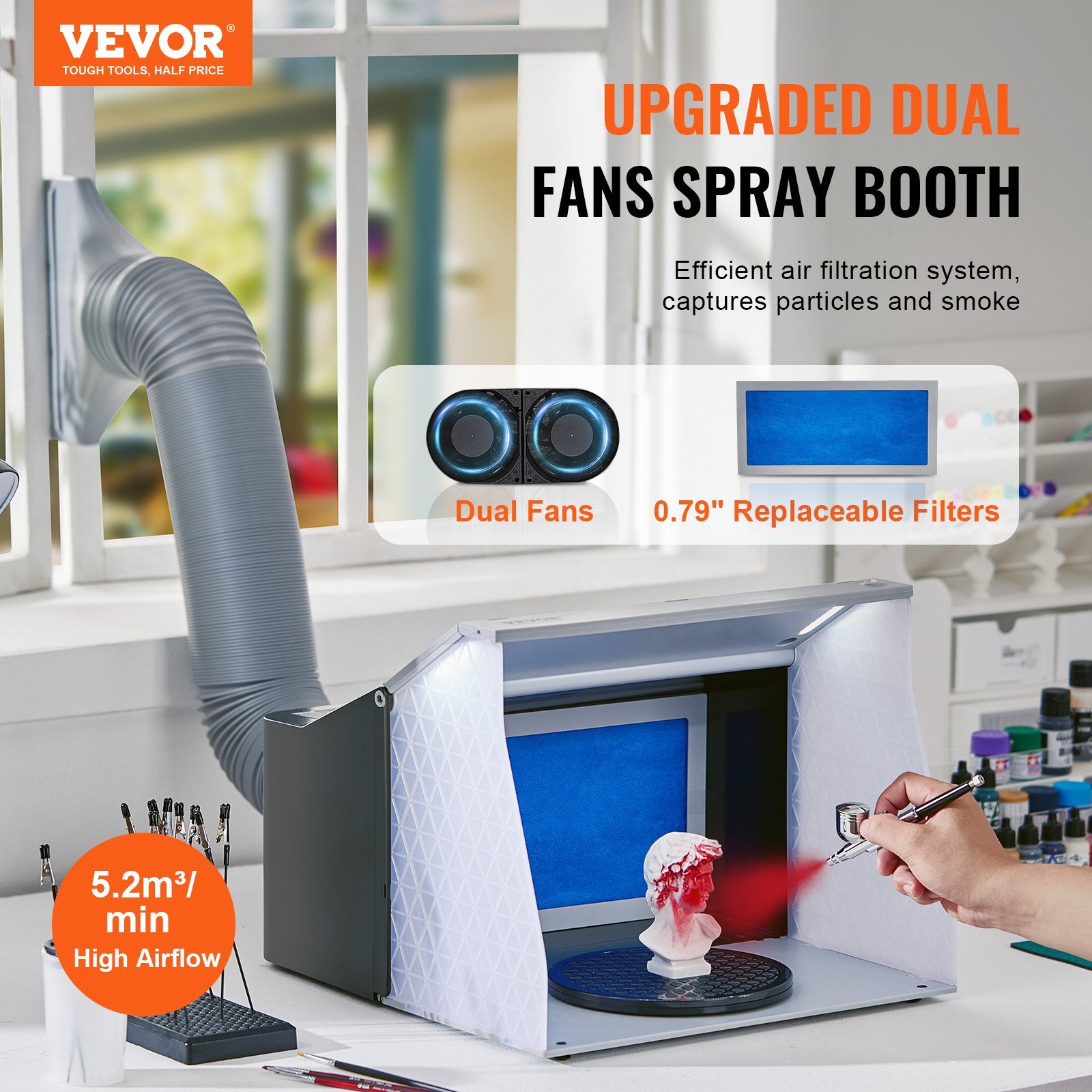 VEVOR Airbrush Spray Booth, Portable Hobby Airbrush Paint Spray Booth Kit with 4 LED Light, Powerful Dual Exhaust Fans, Turntable and 6 ft Extension Hose, for Painting Models, Arts, Crafts, Cakes