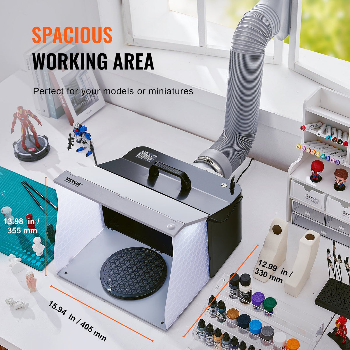 VEVOR Airbrush Spray Booth, Portable Hobby Airbrush Paint Spray Booth Kit with 4 LED Light, Powerful Dual Exhaust Fans, Turntable and 6 ft Extension Hose, for Painting Models, Arts, Crafts, Cakes