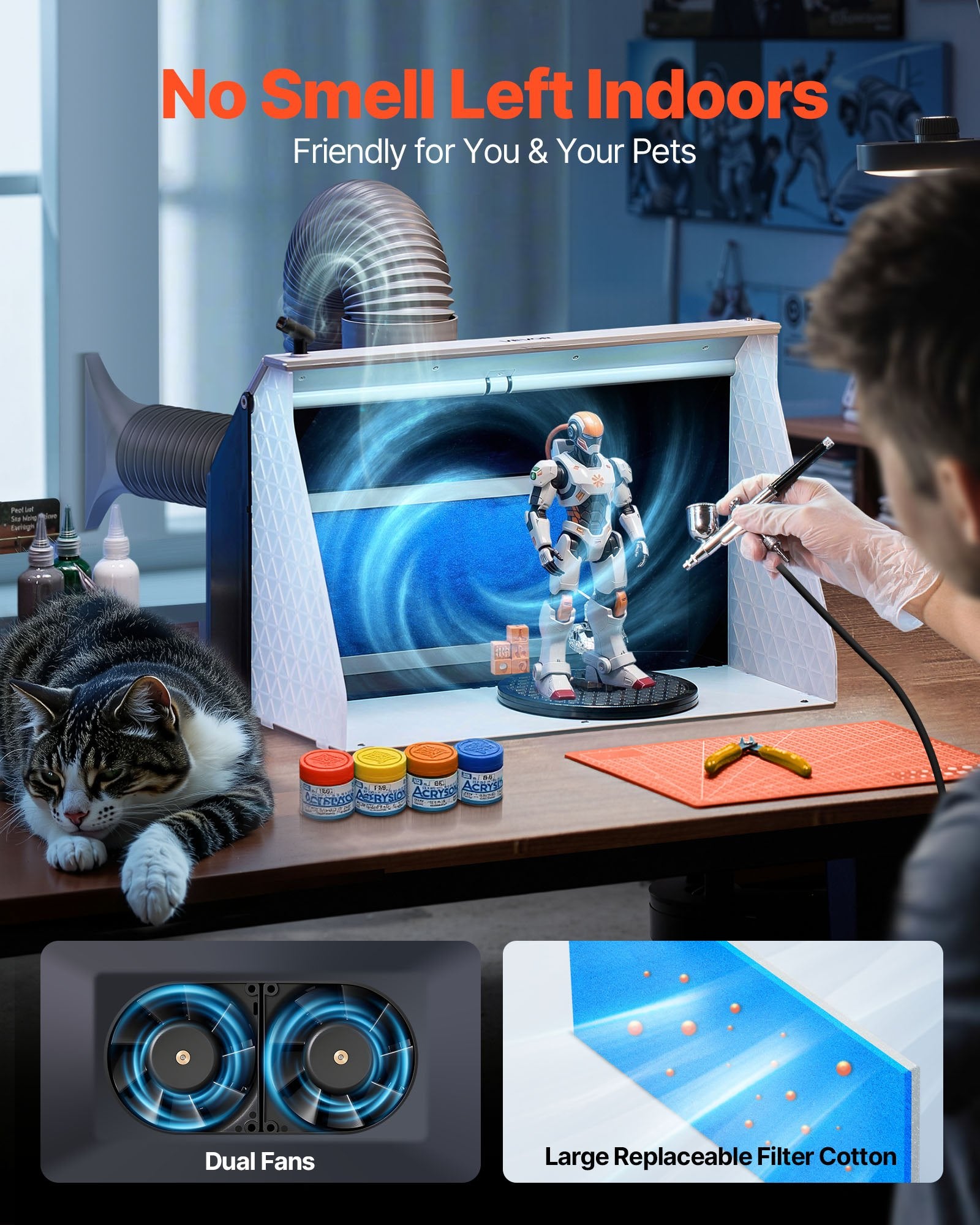 VEVOR Airbrush Spray Booth, Dual Fans, 545 x 475 x 370 mm, Portable Hobby Airbrush Paint Spray Booth Kit with 3 LED Lights and Exhaust Extension Hose, for Painting Models, Arts, Crafts, Cakes