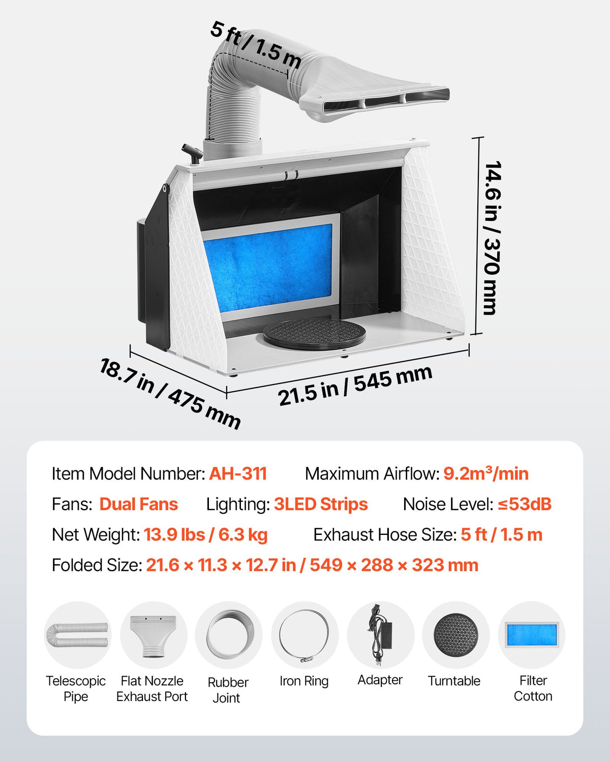 VEVOR Airbrush Spray Booth, Dual Fans, 545 x 475 x 370 mm, Portable Hobby Airbrush Paint Spray Booth Kit with 3 LED Lights and Exhaust Extension Hose, for Painting Models, Arts, Crafts, Cakes