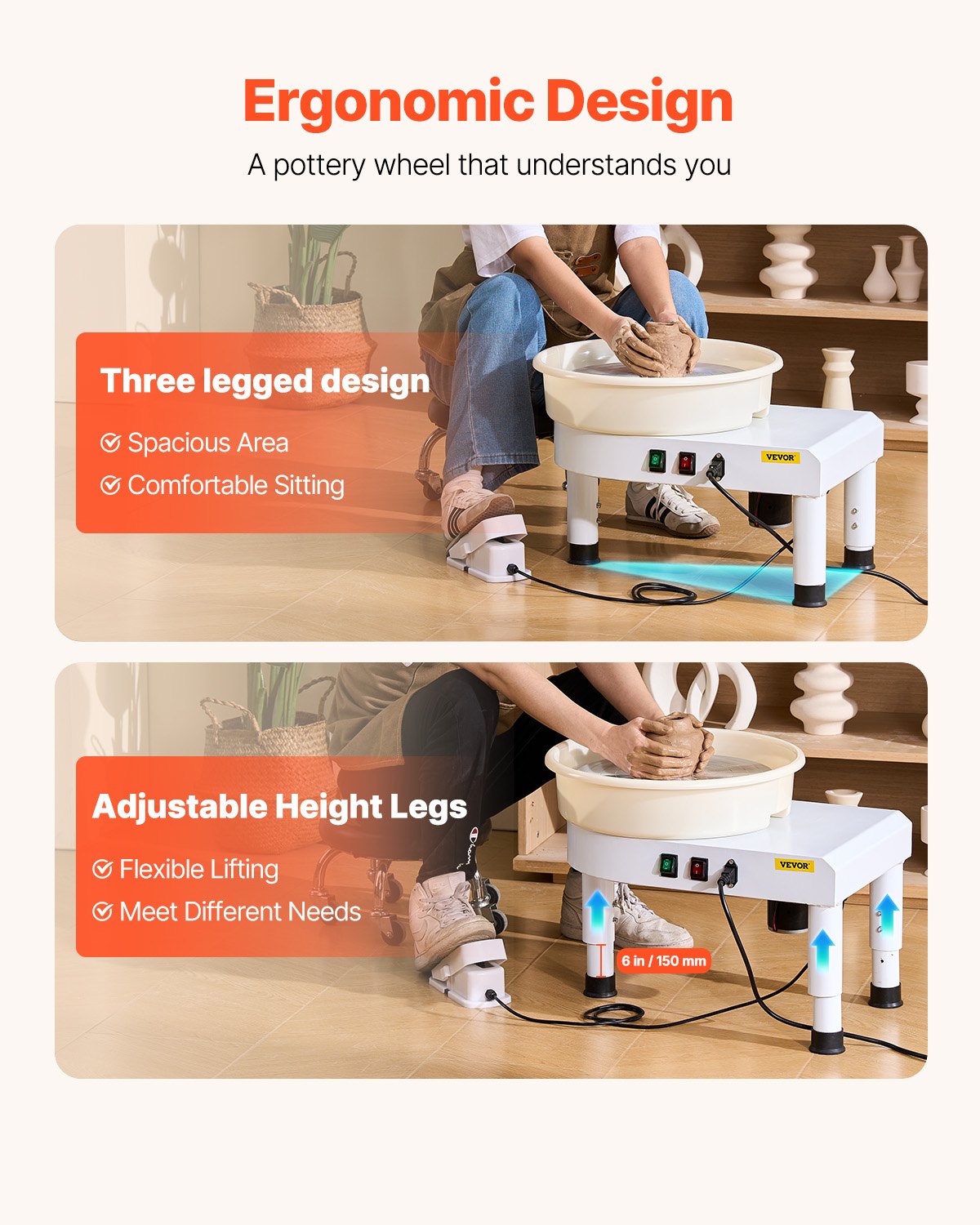 VEVOR Pottery Wheel, 35 cm Ceramic Wheel Forming Machine, 60-300 RPM Speed Adjustable Foot Pedal, Adjustable Lift Leg, Detachable Basin, Complete Tool Accessory Kit for Work Art Craft DIY, White