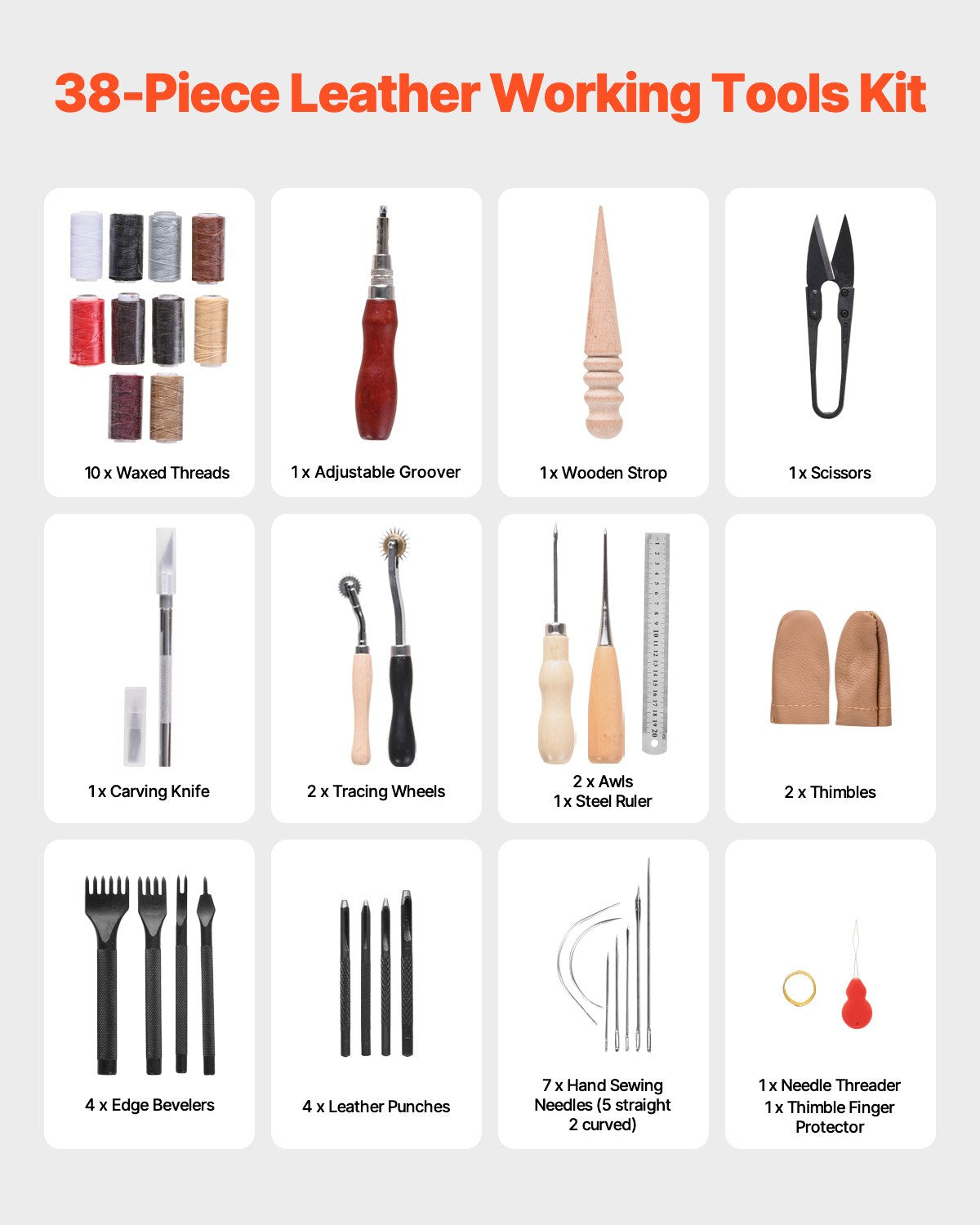 VEVOR Leather Working Tools Kit, 38 PCS Leather Craft Tools with Portable Canvas Storage Bag, Engraving Punching Sewing Stamping Cutting Tools, Ideal for Beginners DIY Enthusiasts and Professionals