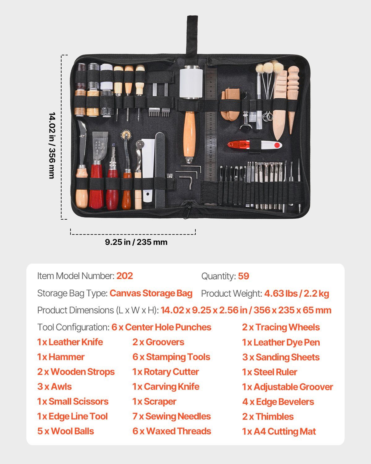 Leather Working Tools Kit, 59 PCS Leather Craft Tools with Portable Canvas Storage Bag, Engraving Punching Sewing Stamping Sanding Tools, Ideal for Beginners DIY Enthusiasts and Professionals