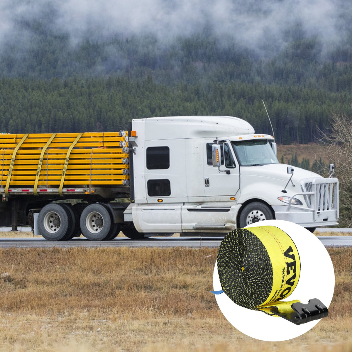 VEVOR Winch Straps, 10.2 cm x 9.1 m, 2.7T Load Capacity, 8.2T Break Strength, Truck Straps with Flat Hook, Flatbed Tie Downs Cargo Control for Trailers, Farms, Rescues, Tree Saver, Yellow (10 Pack)