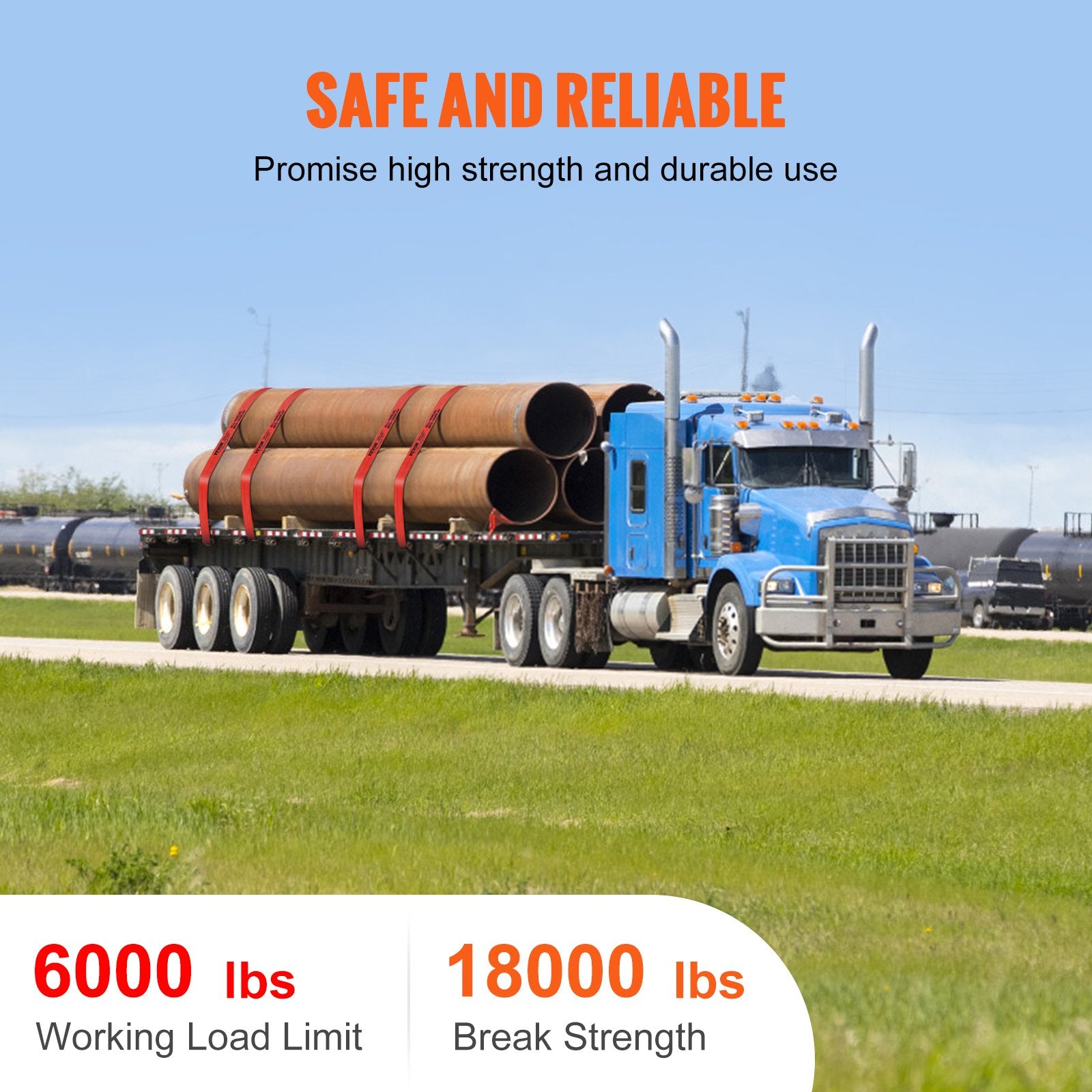 VEVOR Winch Straps, 10.2 cm x 9.1 m, 2.7T Load Capacity, 8.2T Breaking Strength, Truck Straps with Flat Hook, Flatbed Tie Downs Cargo Control for Trailers, Farms, Rescues, Tree Saver, Red (10 Pack)