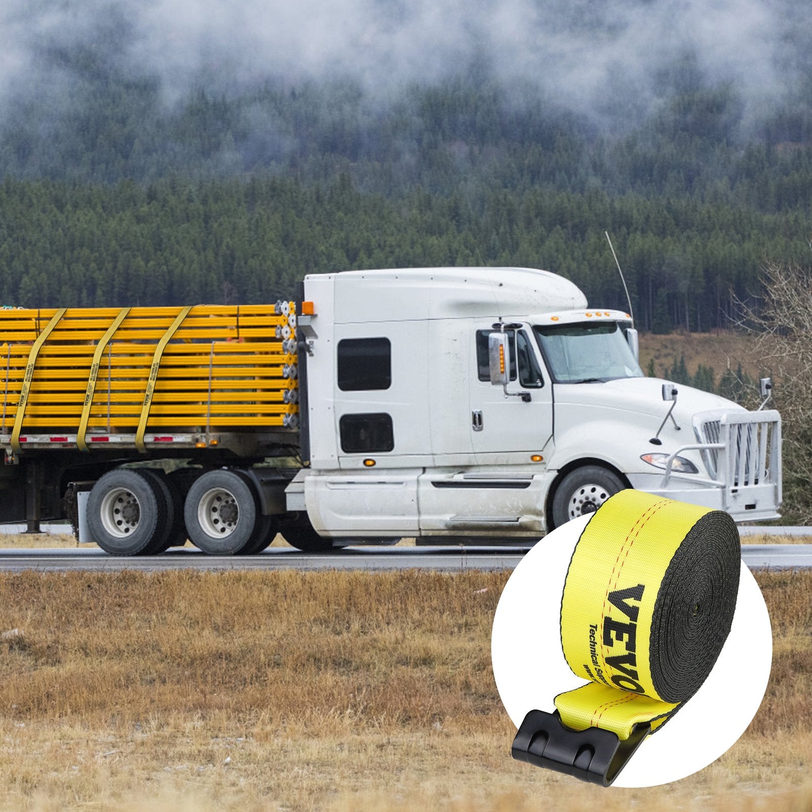 VEVOR Winch Straps, 10.2 cm x 12.2 m, 2.7T Load Capacity, 8.2T Break Strength, Truck Straps with Flat Hook, Flatbed Tie Downs Cargo Control for Trailers, Farms, Rescues, Tree Saver, Yellow (10 Pack)