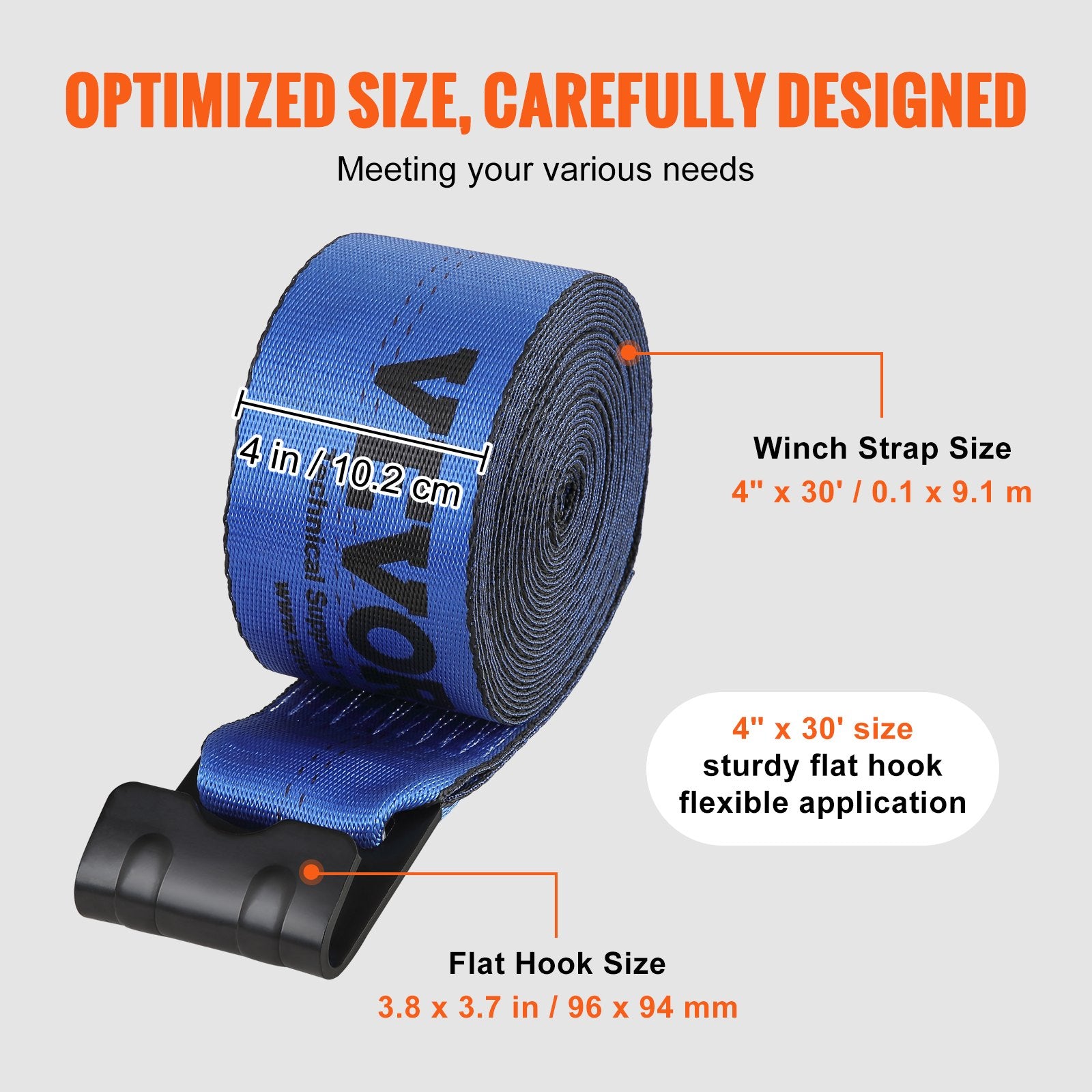 VEVOR Winch Straps, 10.2 cm x 9.1 m, 2.7T Load Capacity, 8.2T Breaking Strength, Truck Straps with Flat Hook, Flatbed Tie Downs Cargo Control for Trailers, Farms, Rescues, Tree Saver, Blue (10 Pack)