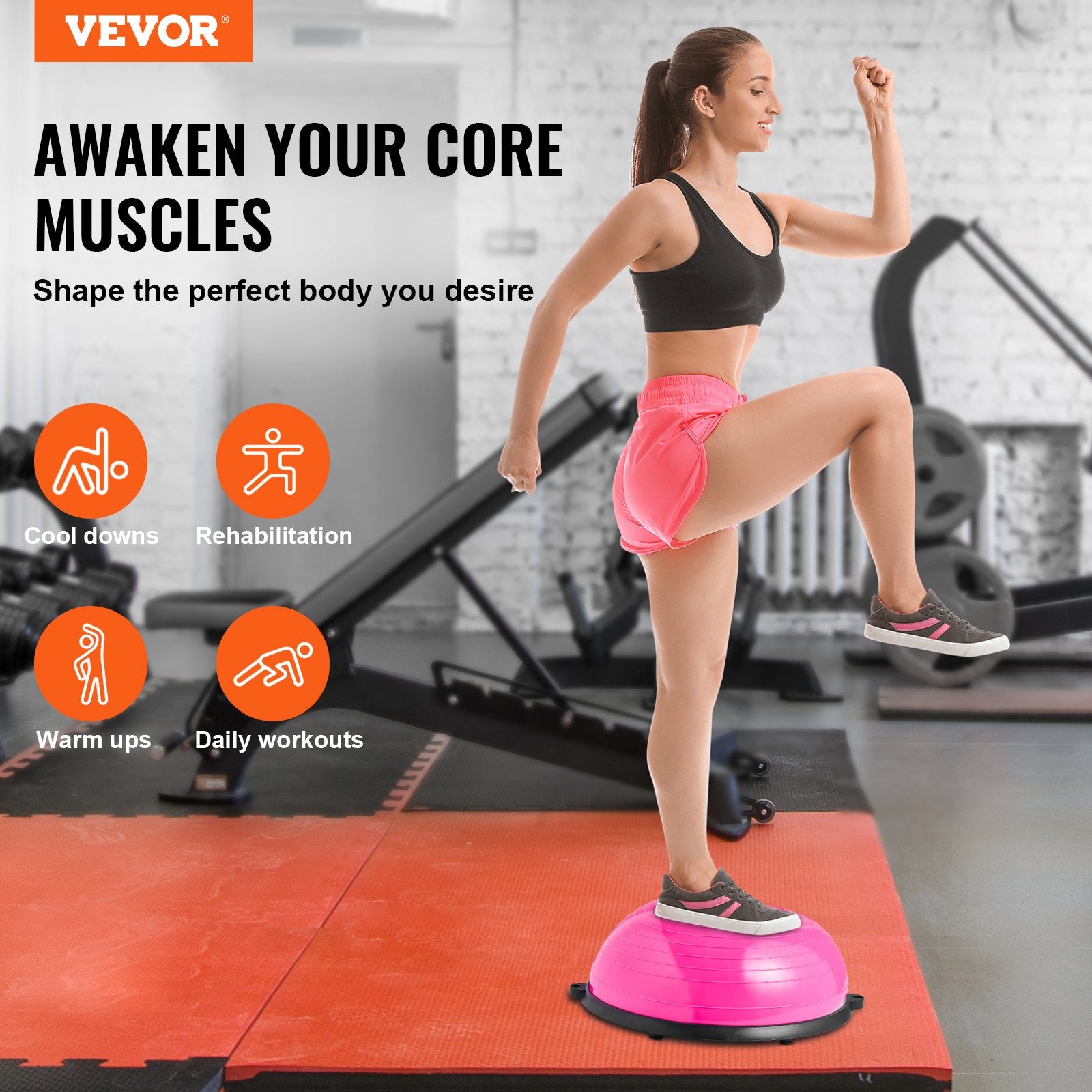 VEVOR Half Exercise Ball Trainer, 23 inch Balance Ball Trainer, 660lbs Capacity Stability Ball, Yoga Ball with Resistance Bands & Foot Pump, Strength Fitness Ball for Home Gym, Full Body Workout, Pink