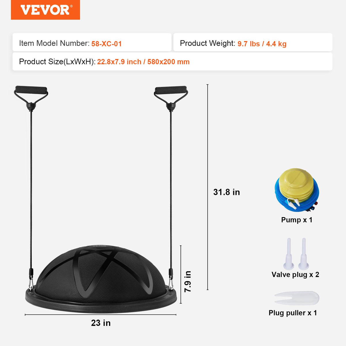 VEVOR Half Exercise Ball Trainer, 23 inch Balance Ball Trainer, 660 lbs Capacity Stability Ball, Yoga Ball with Resistance Bands and Pump, Strength Fitness Ball for Home Gym, Full Body Workouts, Black