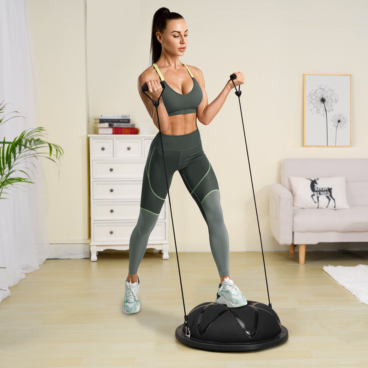 VEVOR Half Exercise Ball Trainer, 23 inch Balance Ball Trainer, 660 lbs Capacity Stability Ball, Yoga Ball with Resistance Bands and Pump, Strength Fitness Ball for Home Gym, Full Body Workouts, Black