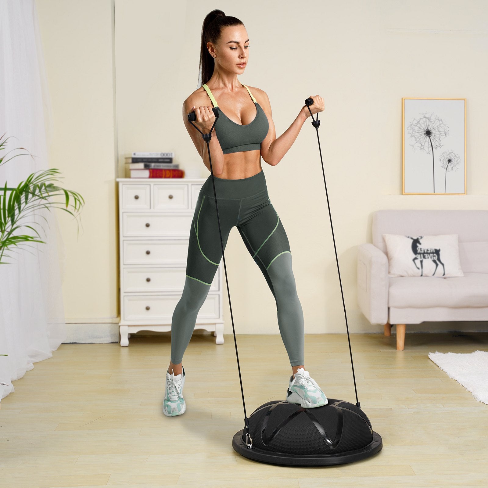 VEVOR Half Exercise Ball Trainer, 23 inch Balance Ball Trainer, 660 lbs Capacity Stability Ball, Yoga Ball with Resistance Bands and Pump, Strength Fitness Ball for Home Gym, Full Body Workouts, Black