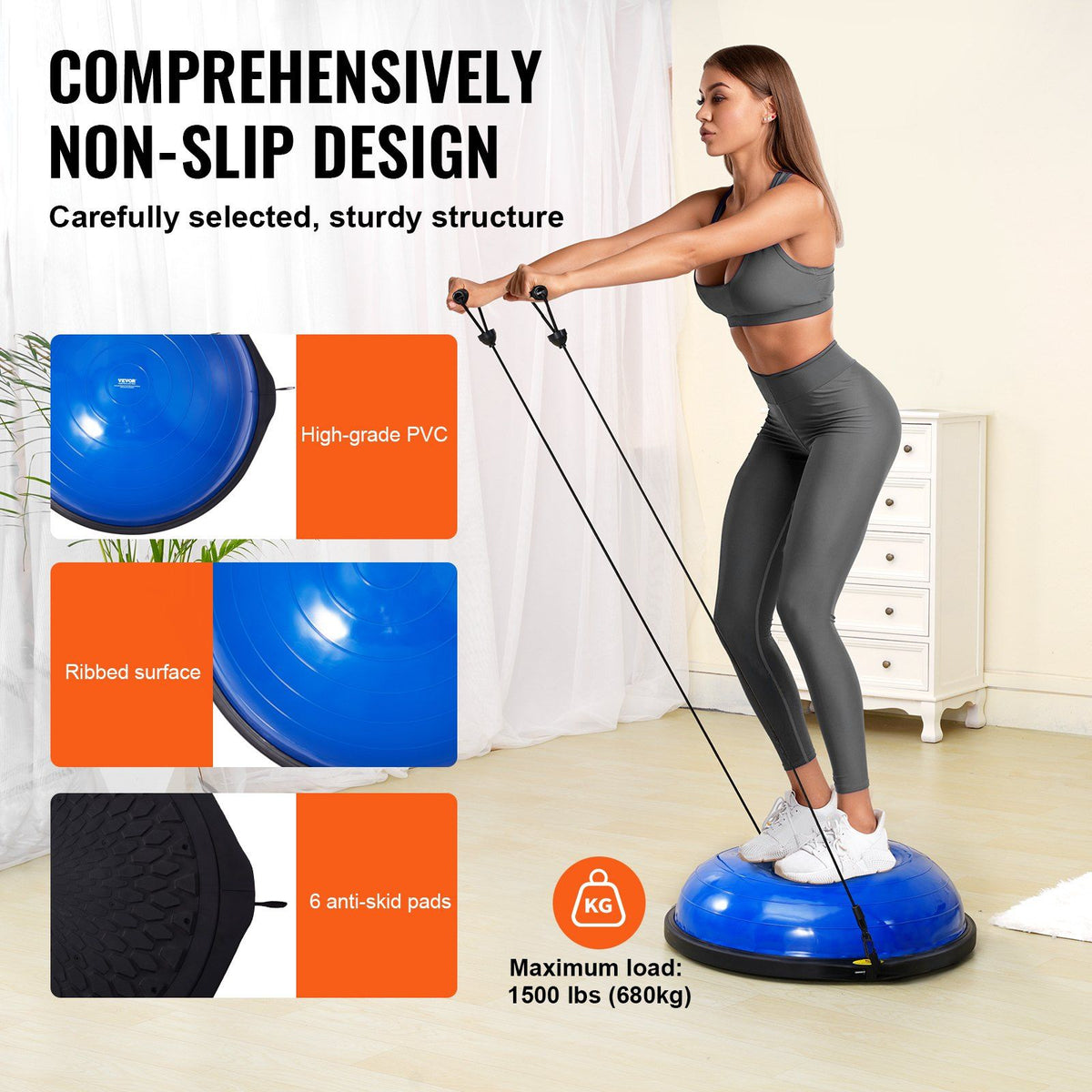 Half Exercise Ball Trainer, 26 inch Balance Ball Trainer, 1500lbs Capacity Stability Ball, Yoga Ball with Resistance Bands & Foot Pump, Strength Fitness Ball for Home Gym Full Body Workout, Blue