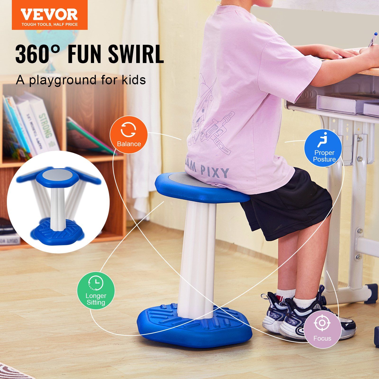 Kids Wobble Chair, Active Chair with Sponge Cushion, Wobble Stool Improves Focus, Posture and Calm Children, Ideal for Schools and Home, Age 7-14, Blue