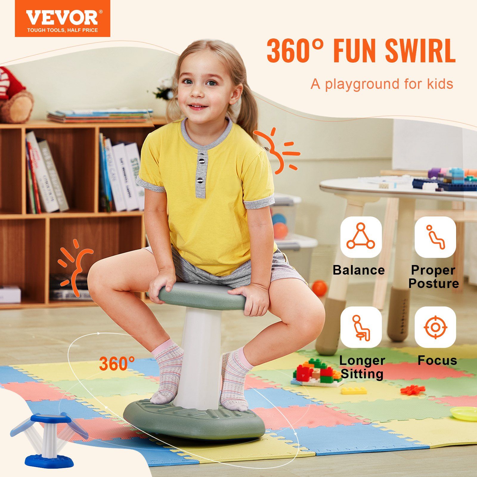 Kids Wobble Chair Active Chair  with Sponge Cushion, Wobble Stool Improves Focus, Posture and Calm Children, Ideal for Schools and Preschools, Age 3-7, Green