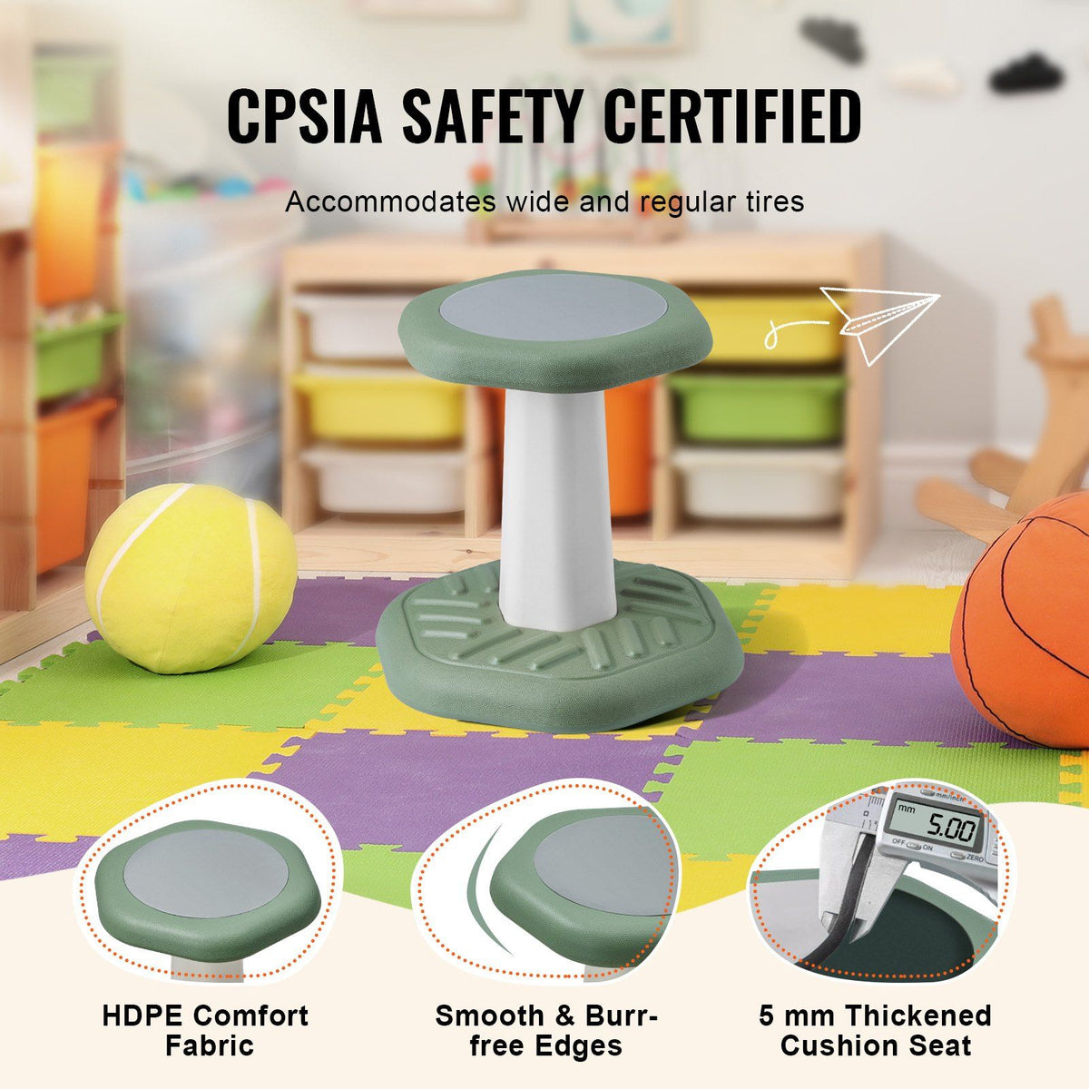 Kids Wobble Chair Active Chair  with Sponge Cushion, Wobble Stool Improves Focus, Posture and Calm Children, Ideal for Schools and Preschools, Age 3-7, Green