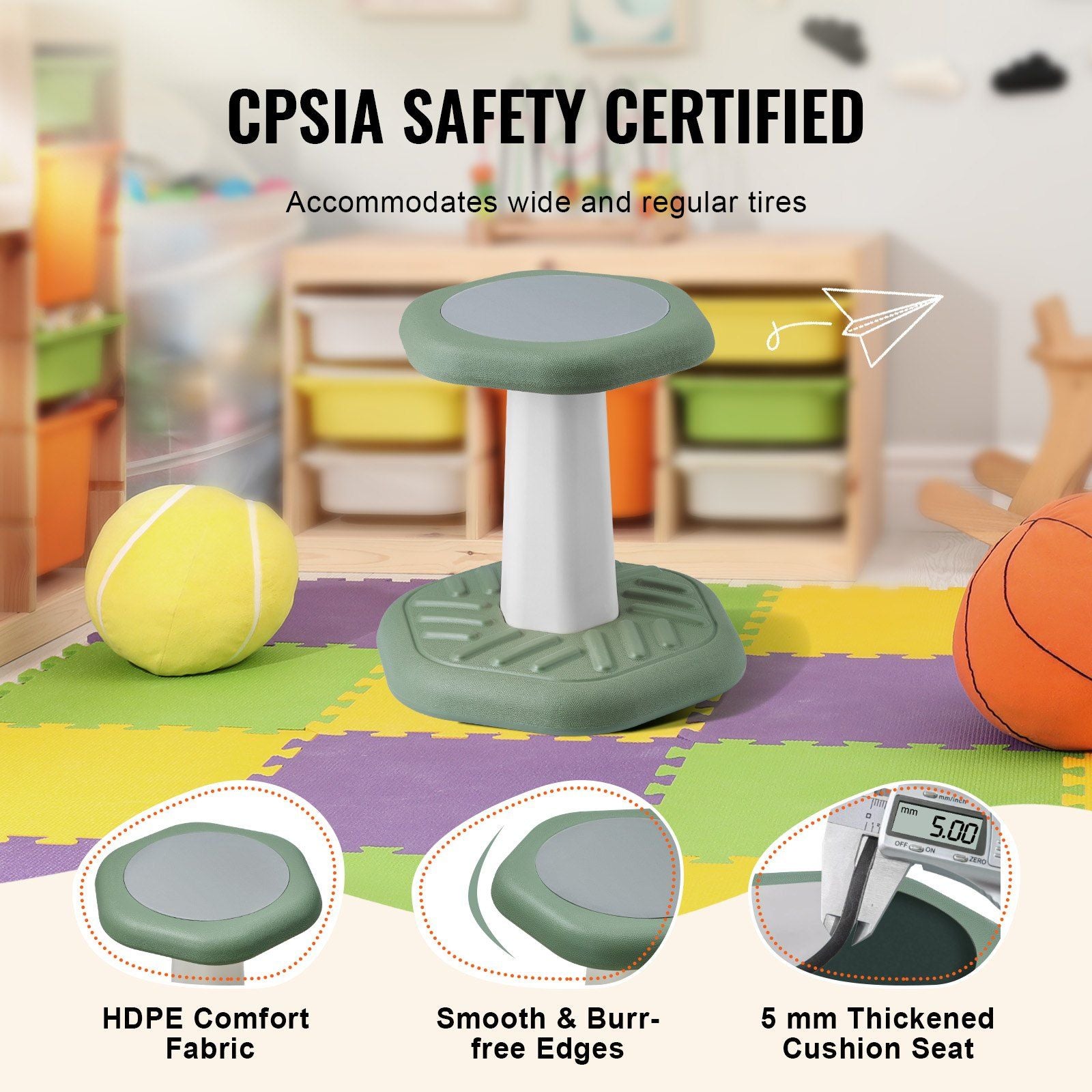 Kids Wobble Chair Active Chair  with Sponge Cushion, Wobble Stool Improves Focus, Posture and Calm Children, Ideal for Schools and Preschools, Age 3-7, Green