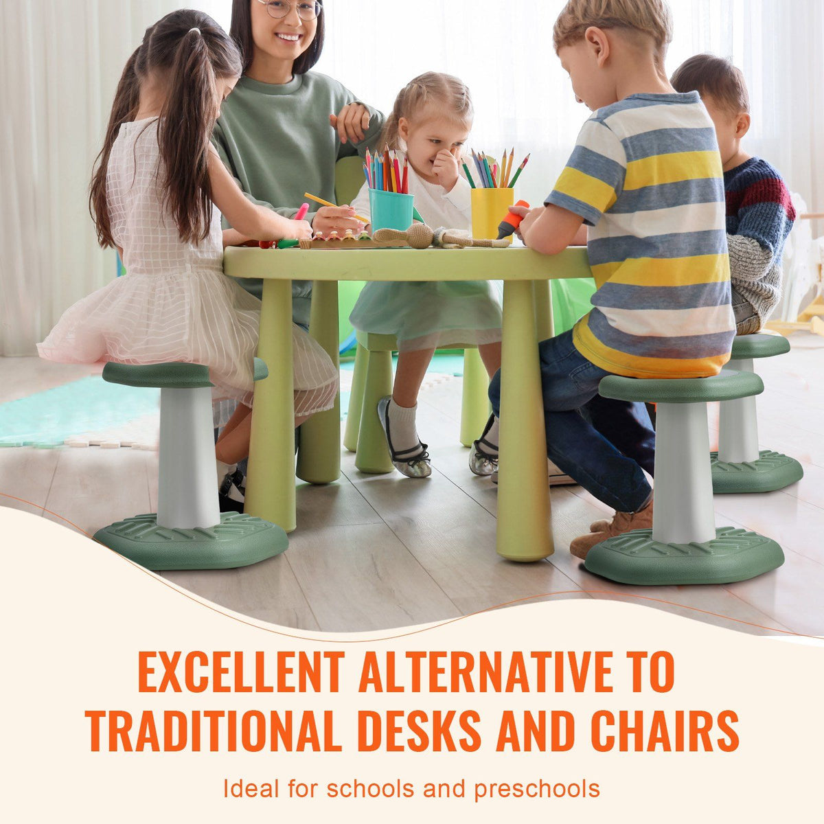 Kids Wobble Chair Active Chair  with Sponge Cushion, Wobble Stool Improves Focus, Posture and Calm Children, Ideal for Schools and Preschools, Age 3-7, Green