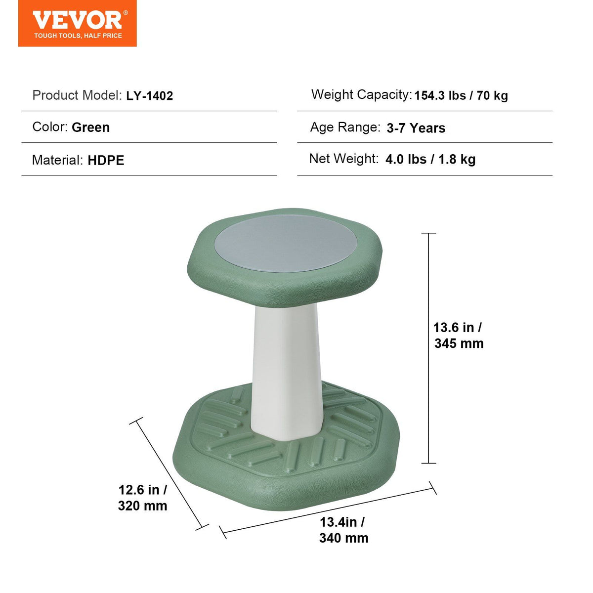 Kids Wobble Chair Active Chair  with Sponge Cushion, Wobble Stool Improves Focus, Posture and Calm Children, Ideal for Schools and Preschools, Age 3-7, Green