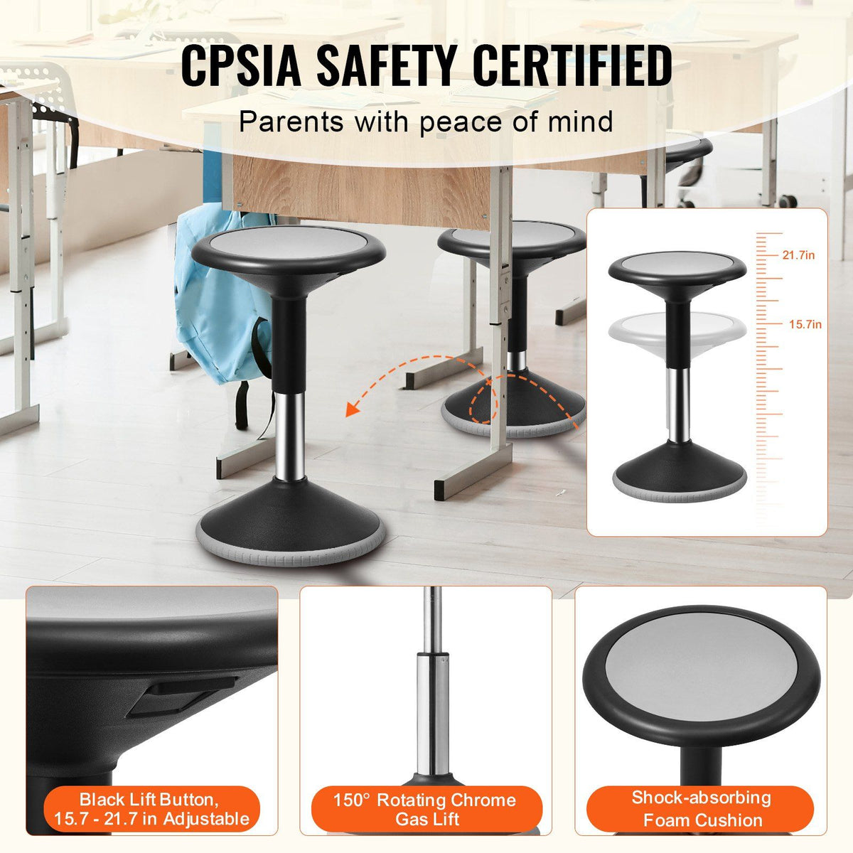 Wobble Chair, Height-Adjustable (15.7-21.7") Active Chair, Flexible Seating Wobble Stool Made of PVC+ABS Improves Focus & Posture, Ideal for Schools, Office and Home, Age 12-18, Black